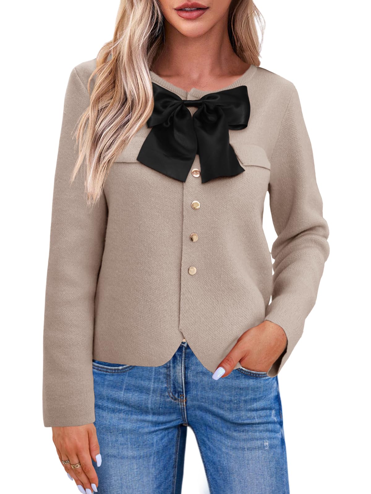 Saodimallsu Womens Button Down Cropped Cardigan Sweaters Cute Bow Long Sleeve Crew Neck Knit Sweater Jacket Coat