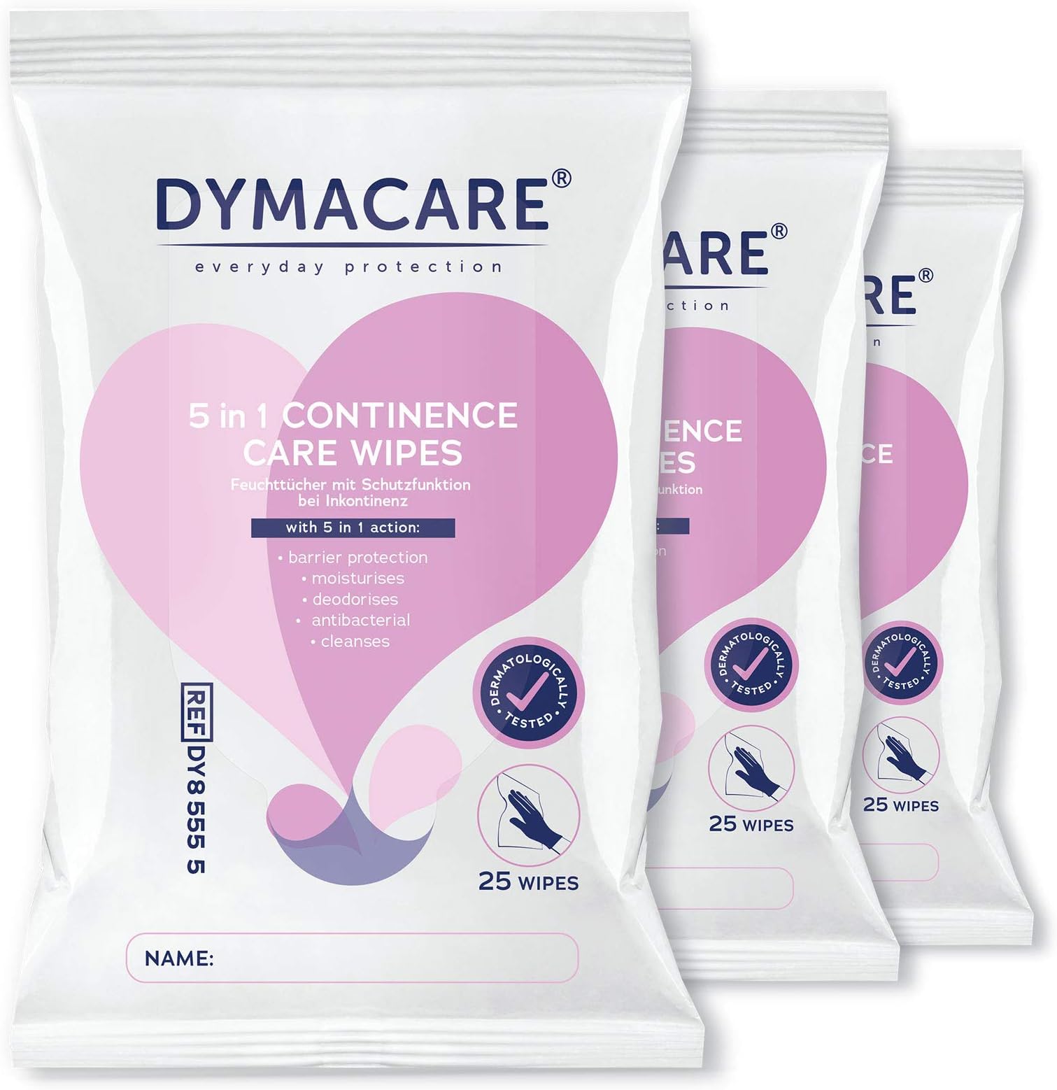 DYMACARE 5 in 1 Continence Care Wipes | Adult Scented Premium Disposable Incontinence Cloths | Skin Cleansing Wipes with Barrier Protection | 3 Packs (75 Wipes in Total)