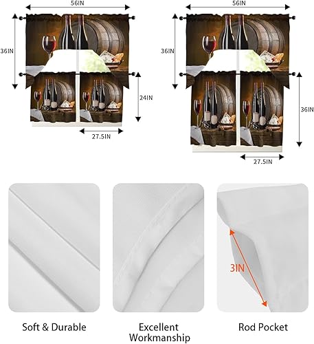 Miniatura 6 de Swag Valances Window for Kitchen 3PCS, Red Wine Cups Wine Barrel Pole Pocket 1 Swag Valance and 2 Tiers Small Treatment Curtain Treatment Panel Set
