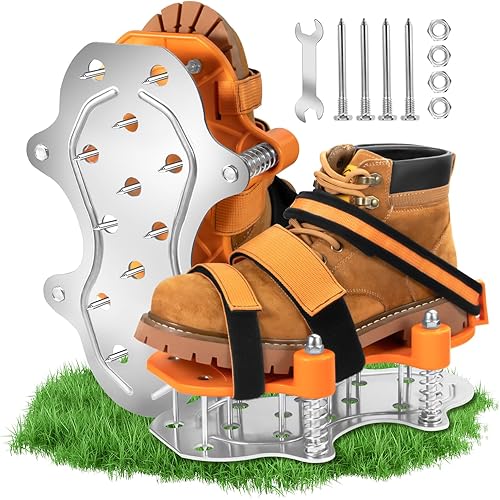 NAZZO Upgrade Lawn Aerator Shoes, Patented Double Layer Lawn Shoes, Aluminum Soleplate Spring-Loaded Design, No Dirt on The Shoes, Soil Yard Aerator Tool for Aerating Patio Garden, Orange