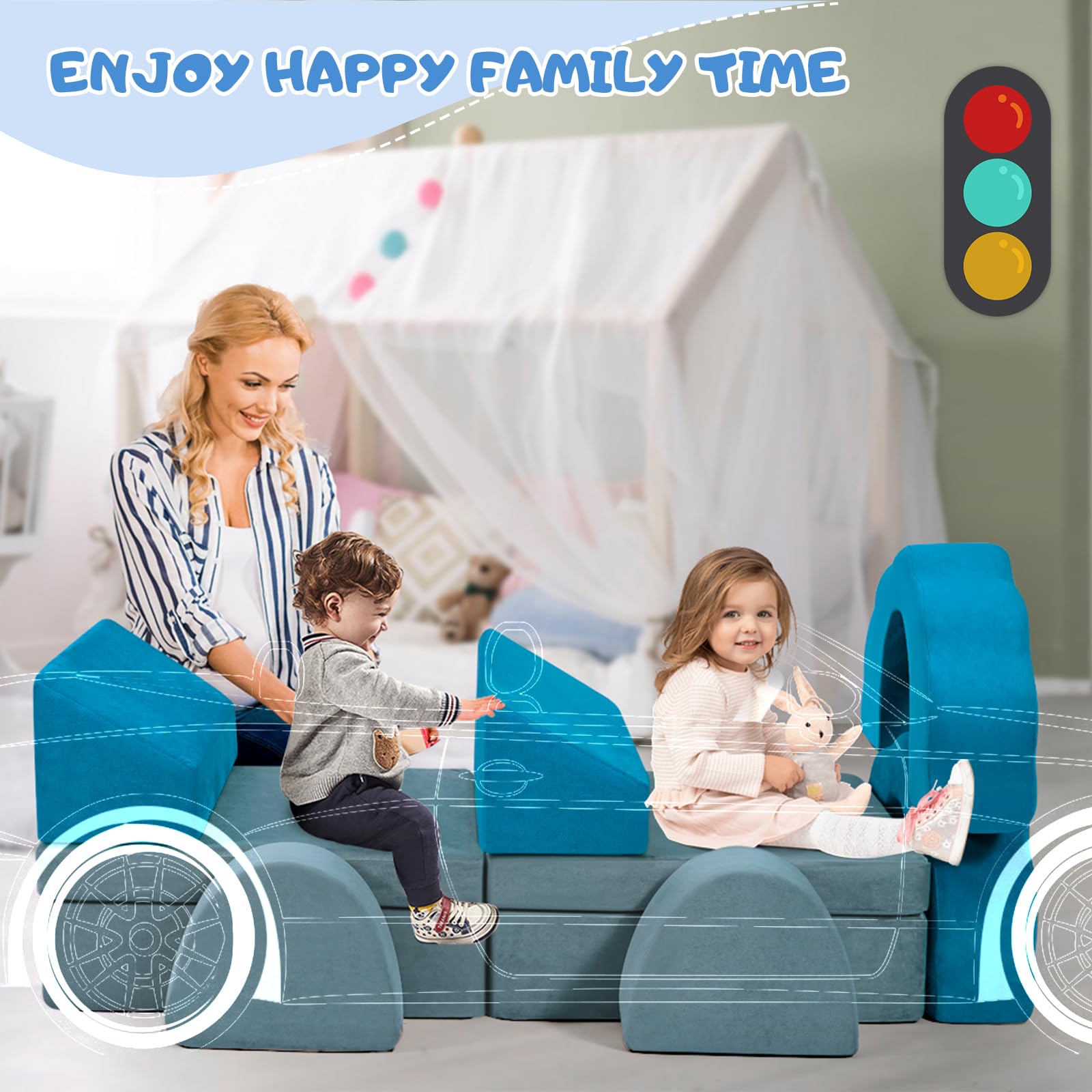 10-teiliges Modulares Spielsofa Grau-Blau, DIY Kindercouch mit Blumenform & Leuchteffekt, Waschbarer Bezug, Umwandelbar zum Spielen & Entspannen für Kinderzimmer