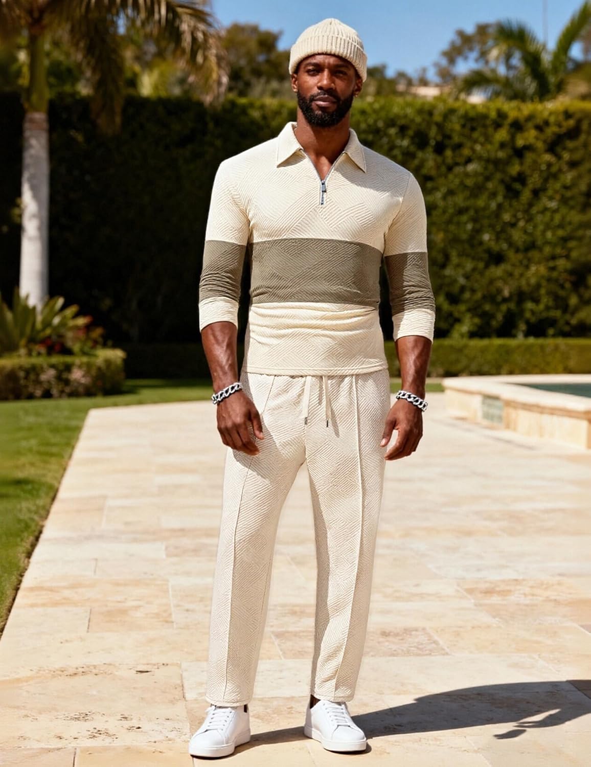 UOUA Mens 2 Piece Set Casual Outfits 1/4 Zip Polo Long Sleeve Shirt & Pants Track Suit Loungewear Athletic Sweatsuit - Image 4