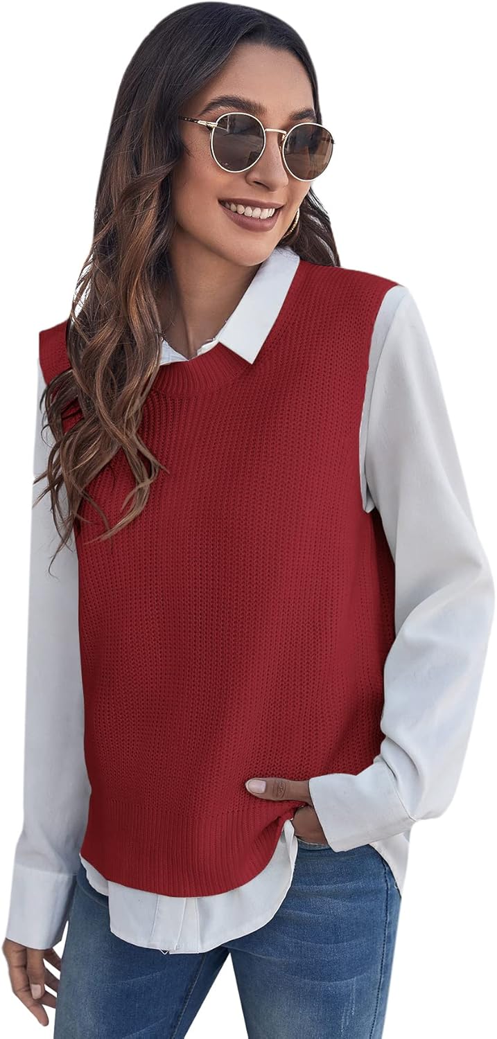 Verdusa Women's Casual Split Round Neck Sleeveless Pullover Top Sweater Vest at  Women’s Clothing store