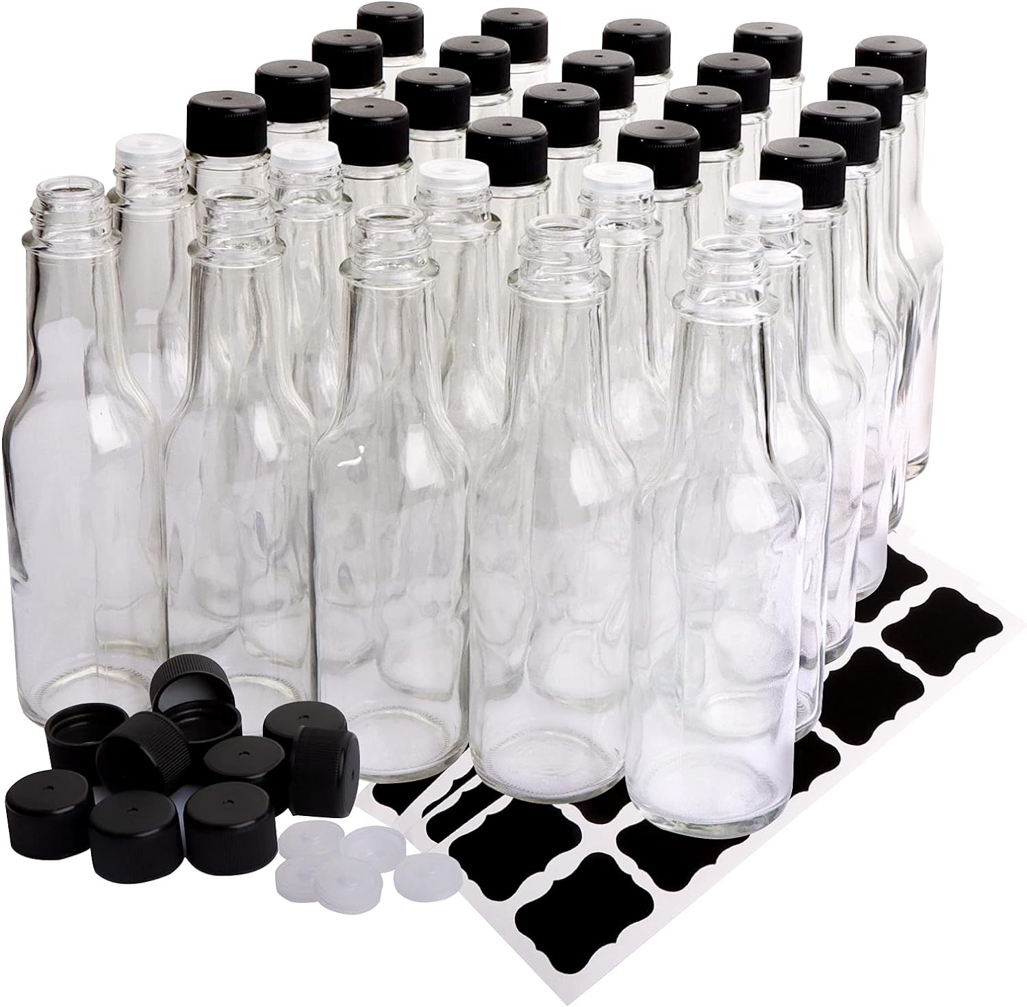 HINGWAH 30 Pack Hot Sauce Bottles, 5oz Clear Woozy Bottles with Leak Proof Black