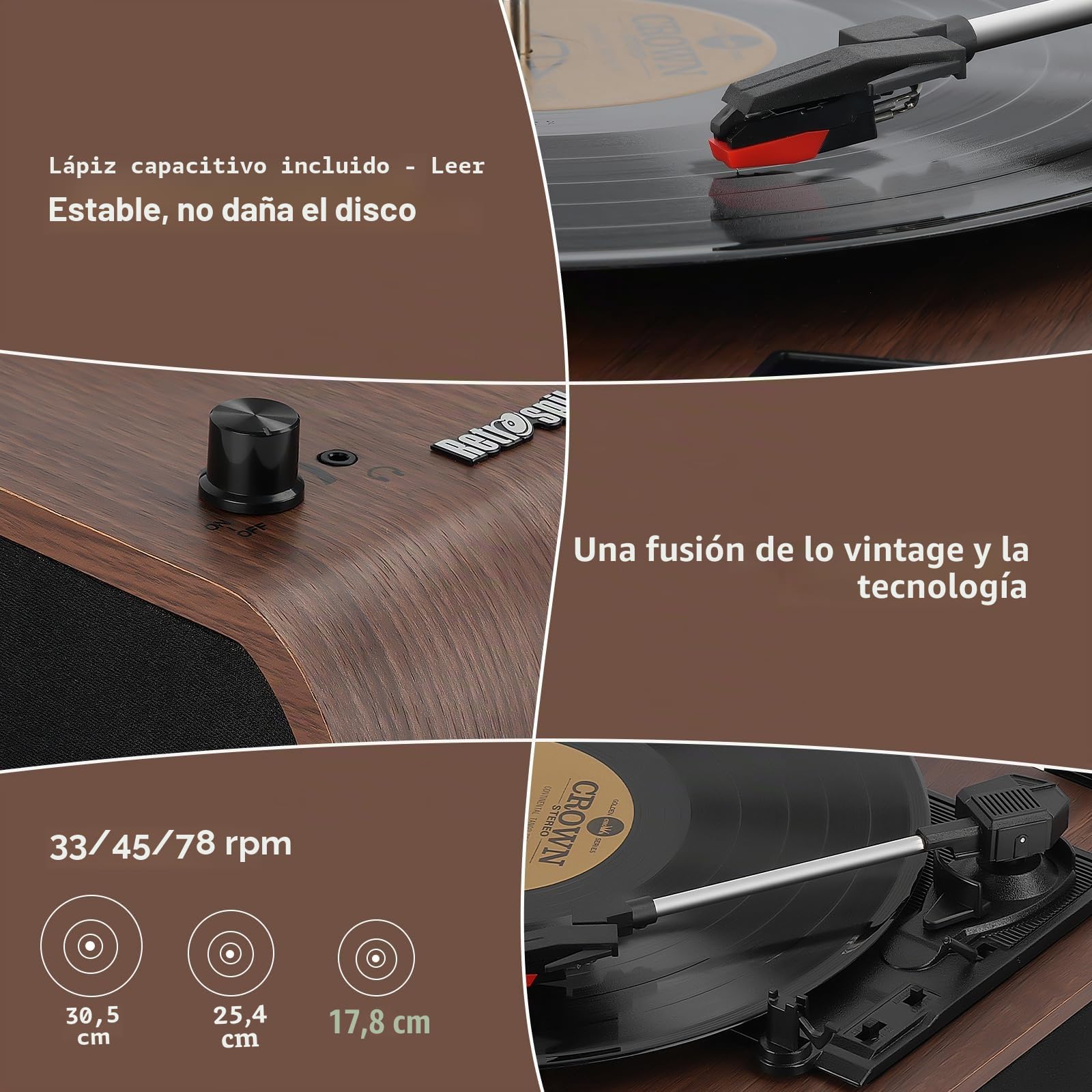 Reproductor de discos, tocadiscos Bluetooth de 3 velocidades con altavoces integrados, radio FM, codificación Vinyl-MP3, reproducción USB y SD, pantalla LED, lector de LP retro de madera