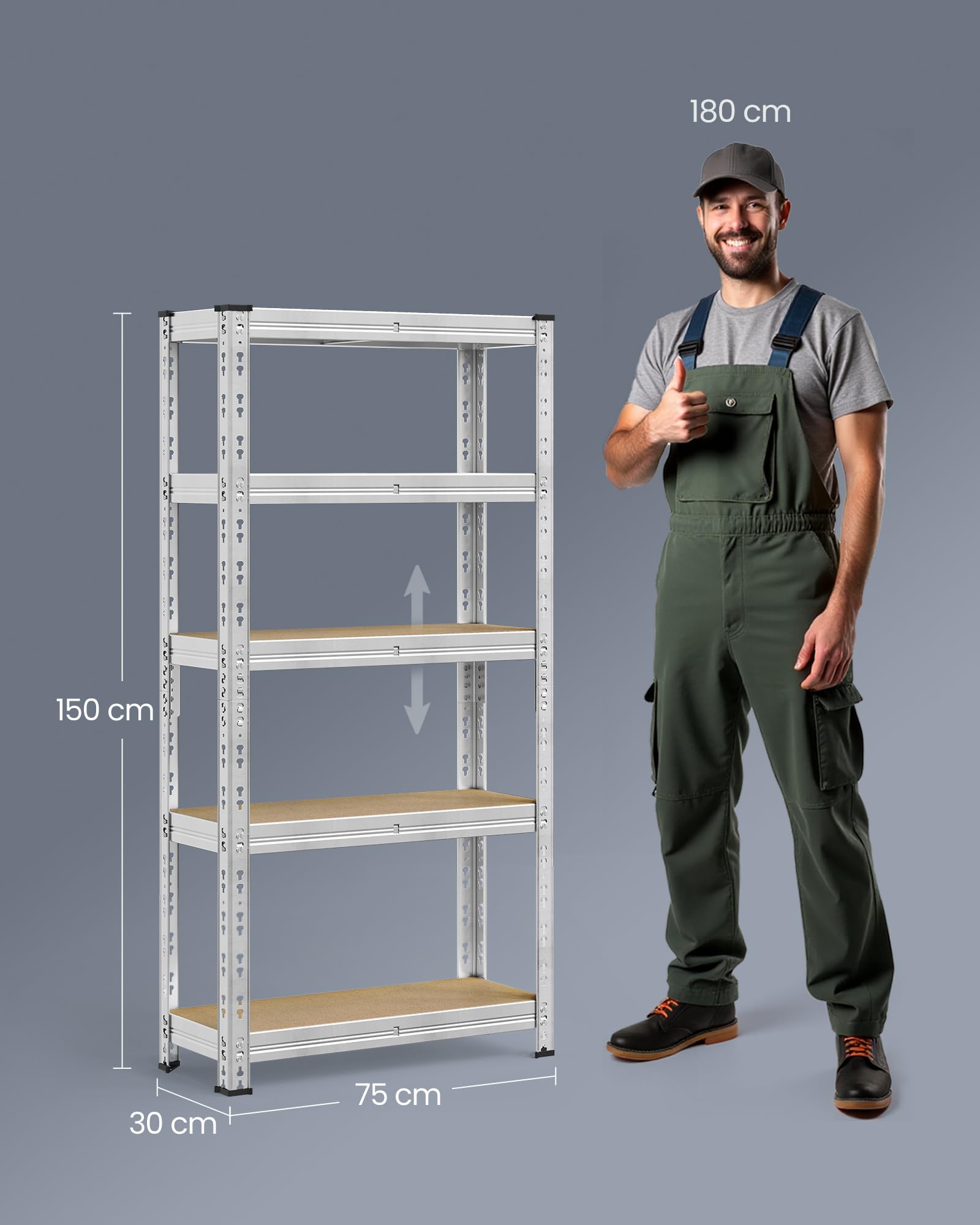 SONGMICS Estantería para Cargas Pesadas, Juego de 2, Estantería de Garaje, 30 x 75 x 150 cm, Carga hasta 875 kg, Fácil Montaje, Estantes Ajustables, Plata GLR451E01