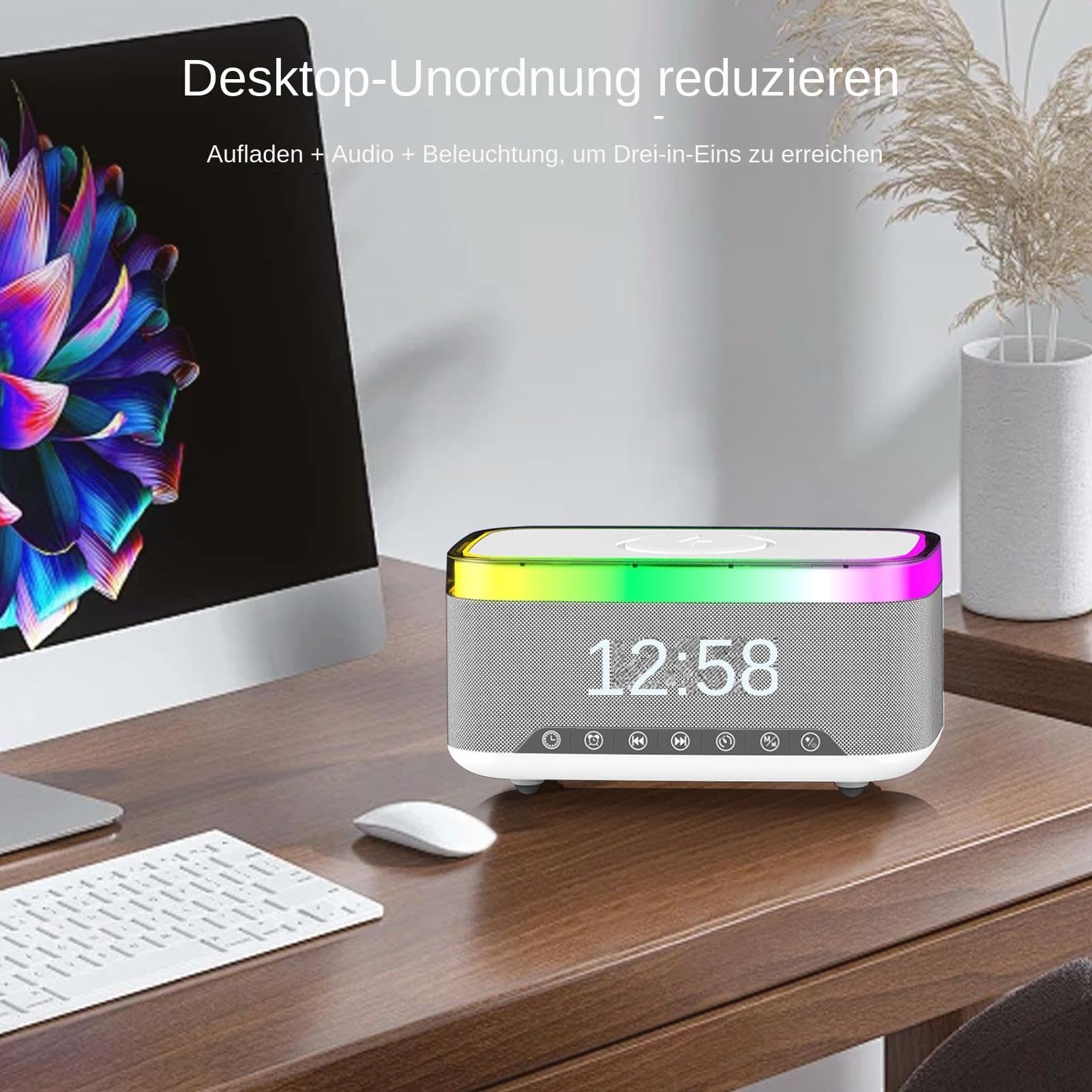 Sveglia con Ricarica Wireless Lampada con Altoparlante Digitale | Sveglia con Ricarica Wireless e Rumore Bianco Per Uso da Comodino Notturno Interni Casa Sonno Postazione di Lavoro Scrivania