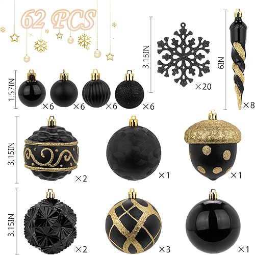 Miniatura 2 de Juego de 62 bolas de Navidad negras y doradas, surtido de 3.15 pulgadas (3.150 in), grandes inastillables, decoraciones colgantes de Navidad para