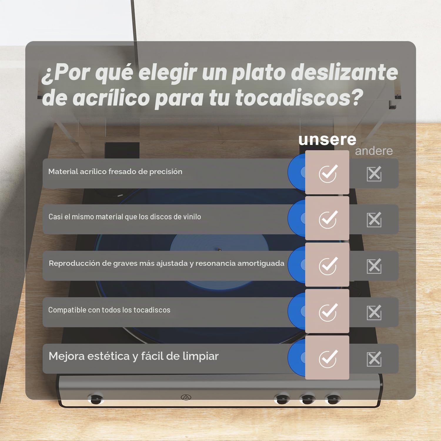 Alfombrilla giratoria para tocadiscos, alfombrilla antideslizante de vinilo para tocadiscos antiestático más apretado y definido, azul