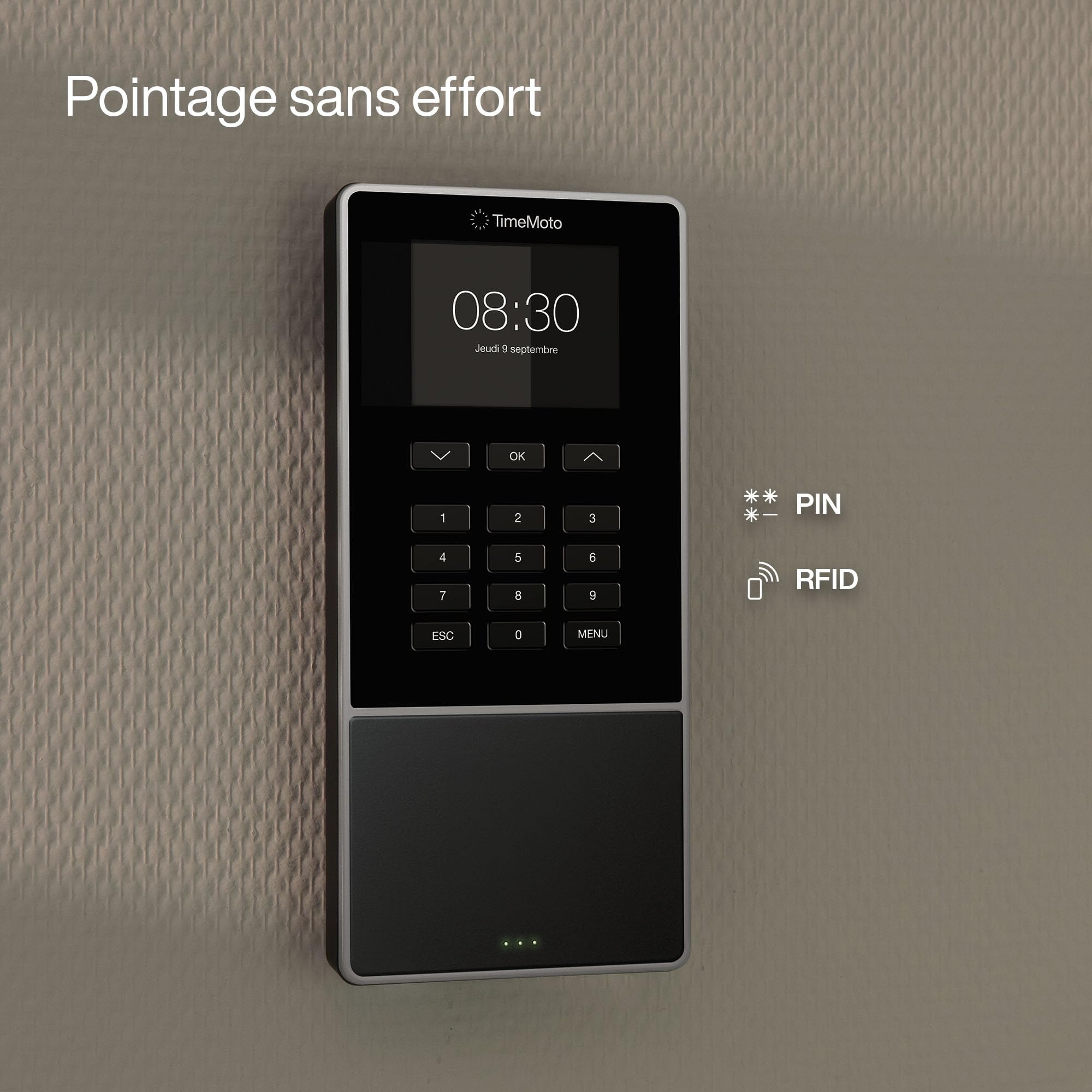 TimeMoto TM—616 pointeuse horaire personnel avec Cloud, badgeuse RFID et PIN, pour 200 utilisateurs max. Rapports, plannings, Wi-Fi, appli iOS/Android.