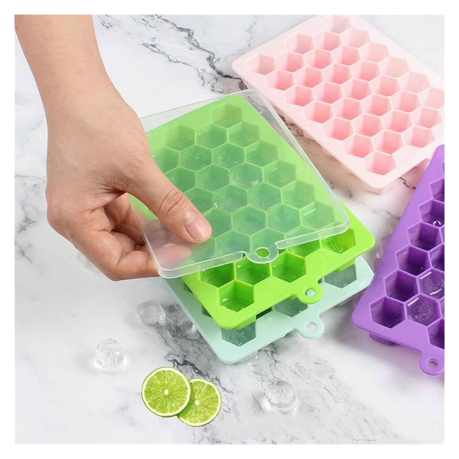 Vassoio per cubetti di Ghiaccio Stampo per vaschetta per Ghiaccio in Silicone per Uso Alimentare Ghiaccio 33 Celle Stampo per vaschetta per Ghiaccio a Nido d'Ape con Coperchio Contenitore per ghiacci