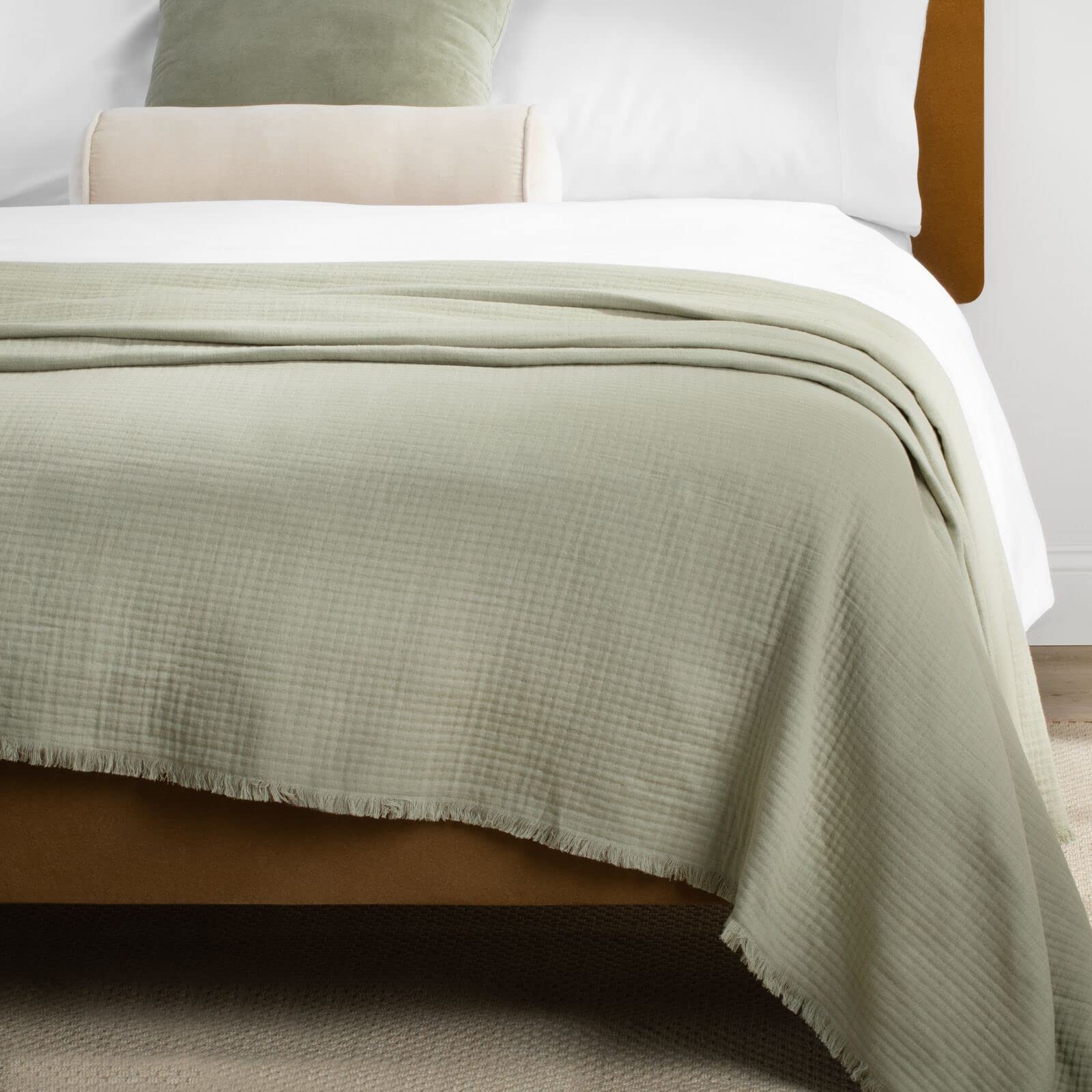 Nate Home by Nate Berkus Cotton Matelasse Blanket | with Fringe Detail, Breathable, All-Season Throw, Decoration for Bedding from mDesign - Full/Queen, Lichen (Sage Green)
