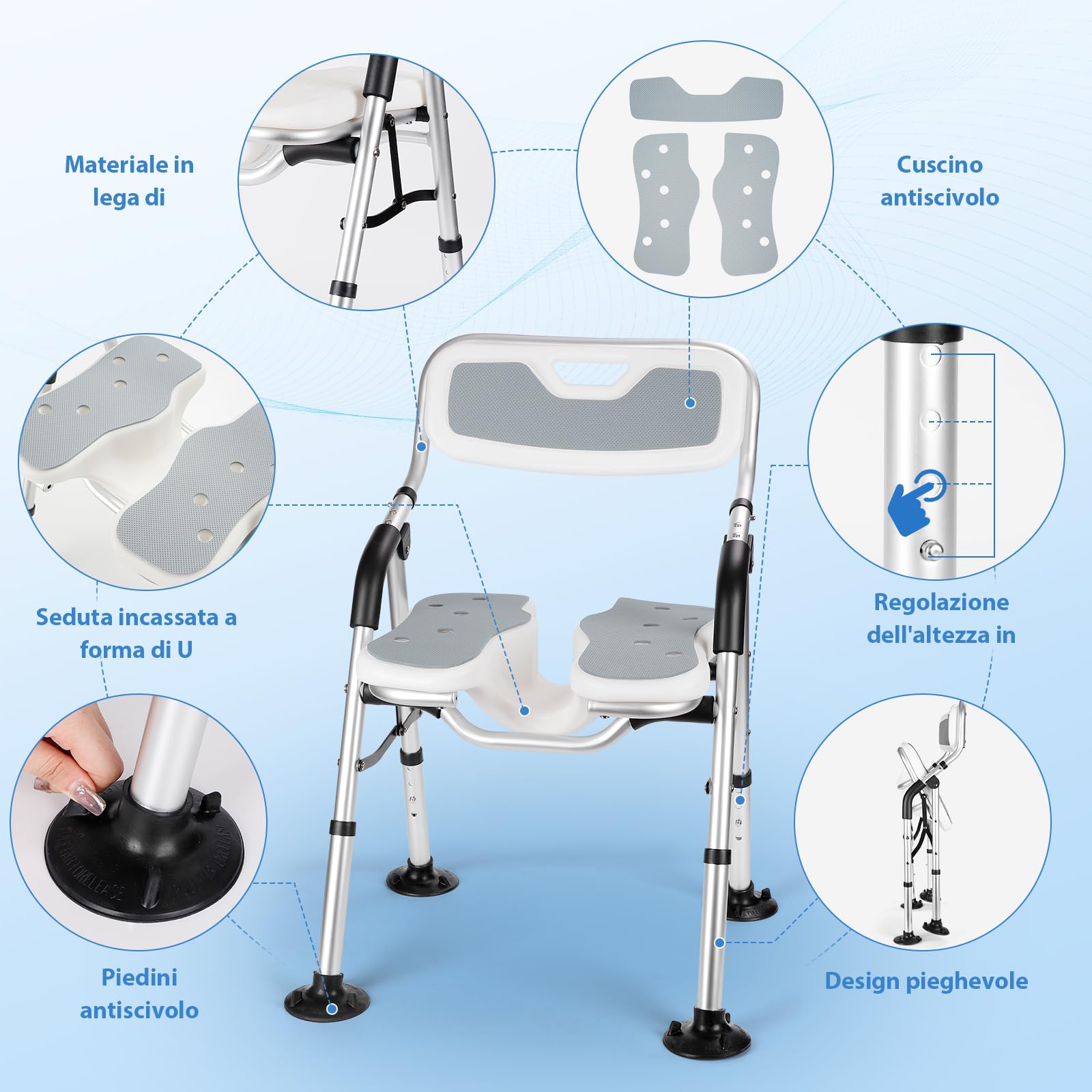 DEWEL Sedia per Doccia Anziani Pieghevole, con Scanalatura, con Schienale e Braccioli, Non è Necessario Installare Strumenti, Regolabile in Altezza, Sedia Doccia Pieghevole, Peso 150Kg (Grigio)
