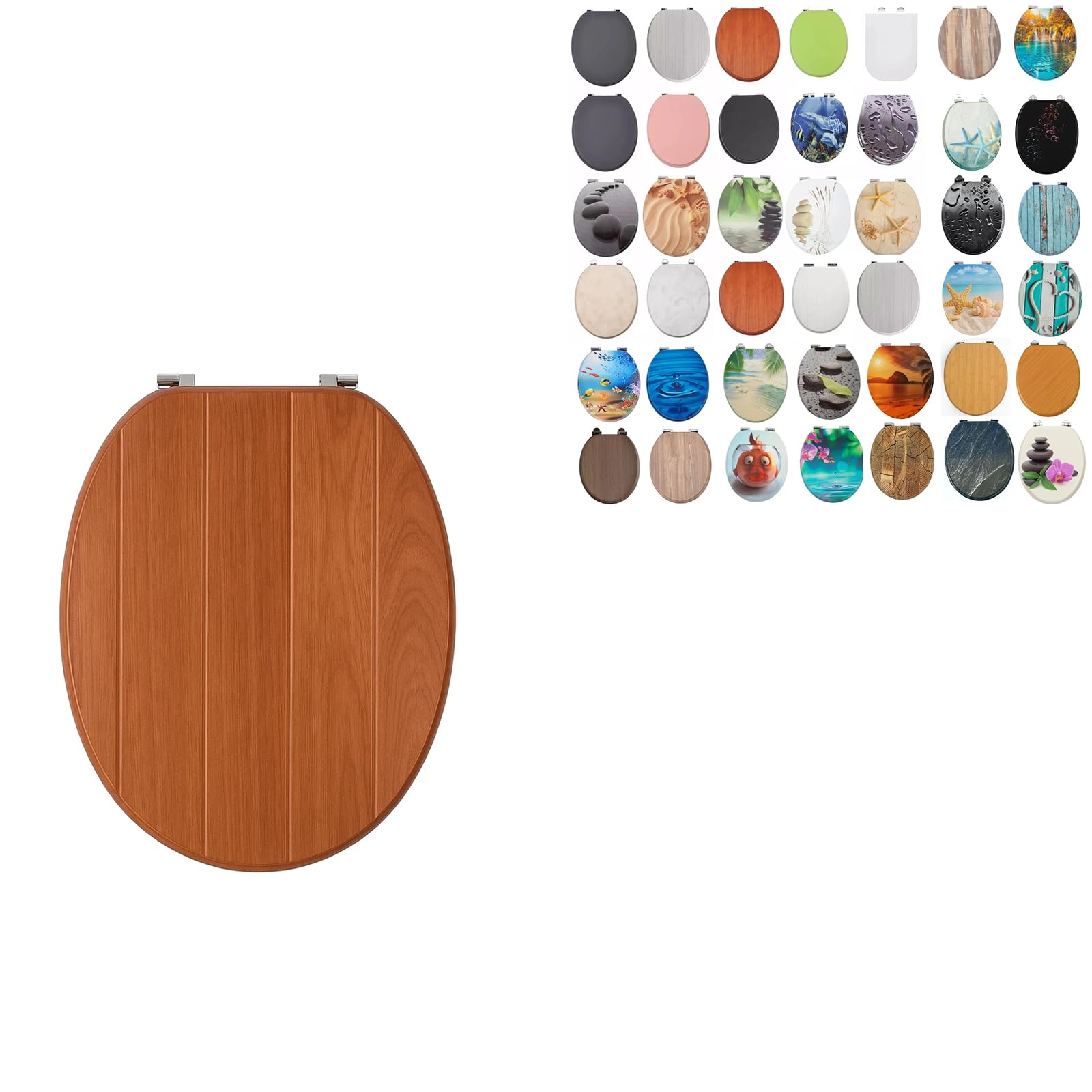 18" Universal MDF WC Toilet Seat – Easy Fit with Strong Zinc Alloy Hinges, Smooth Wipe Surface – Fits All Water Closets (Tongue & Groove Brown Wooden) — image 1