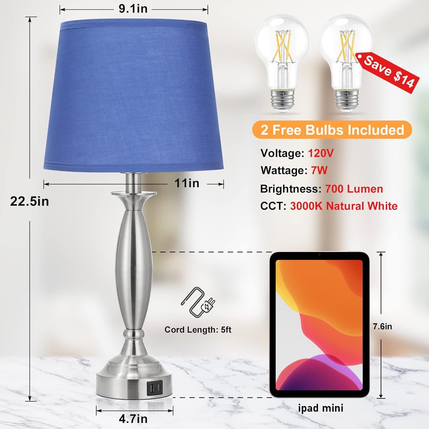 Blue Linen Shade Nickel Base Touch Control Table Lamps Set of 2