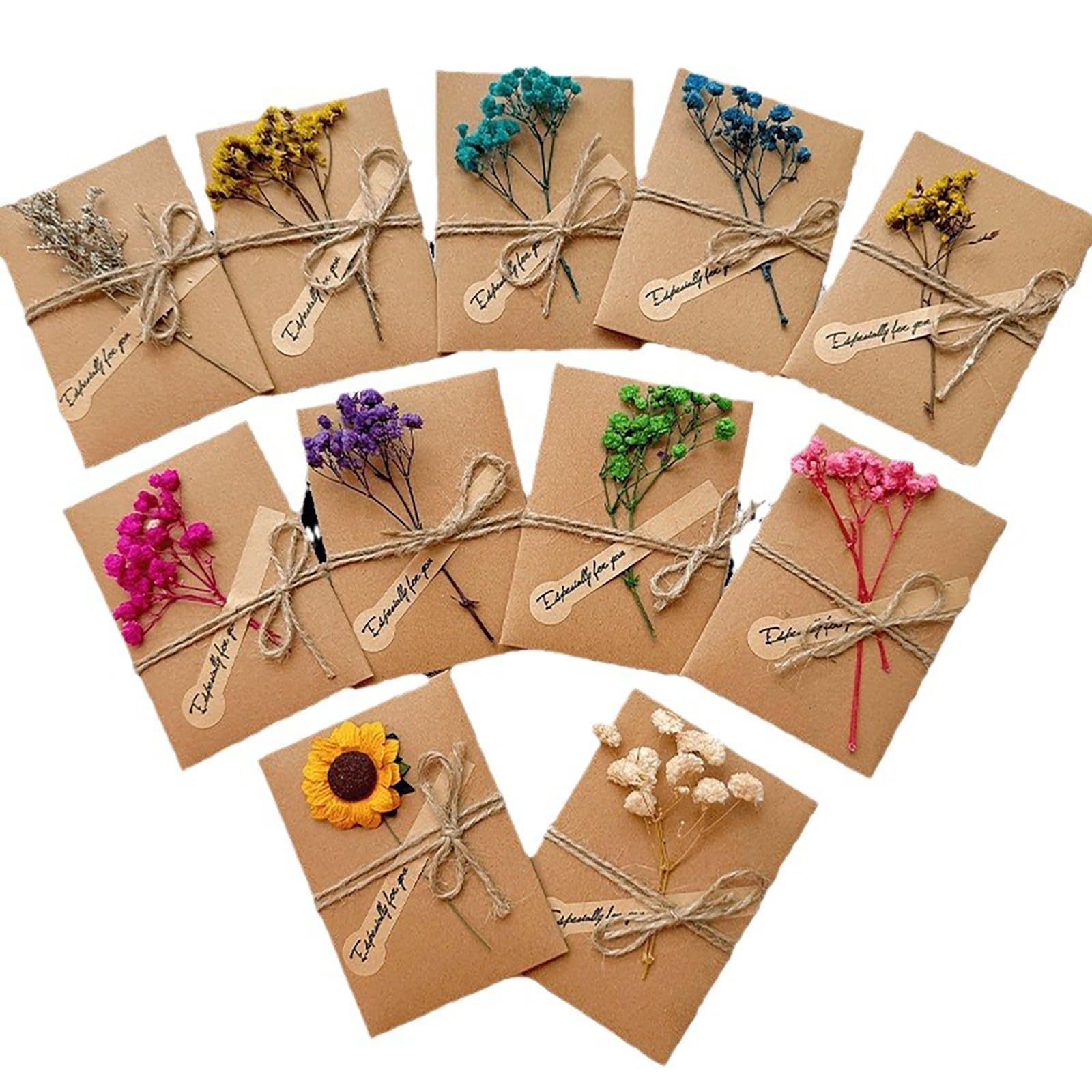 Greeting Card Set,10 Pieces Dried Flowers Decorated Postcard Set,Retro Kraft Paper Blank Greeting Cards for Birthday,Wedding,Christmas Invitations and Festival Greetings (10x7cm)