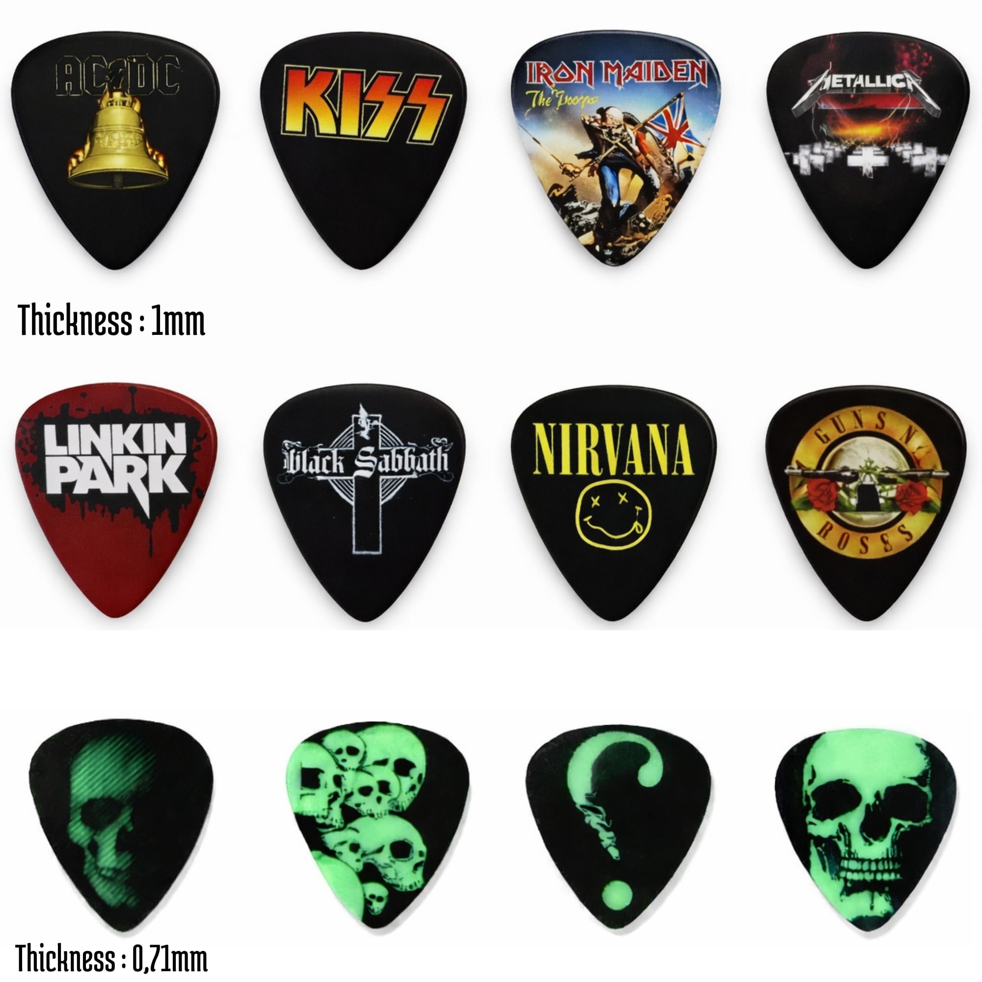 Juego de púas de guitarra con caja de madera natural. Incluye legendarias púas de bandas, púas de metal, colgante de coleccionista de metal y paños de microfibra. Accesorios perfectos para guitarra