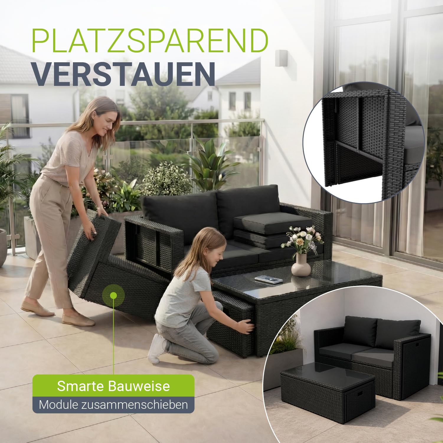 Juskys Polyrattan Gartenmöbel Set Salou - Outdoor Lounge wetterfest 6 Personen - Sitzecke mit Tisch & Kissen für Garten, Balkon, Terrasse - Schwarz