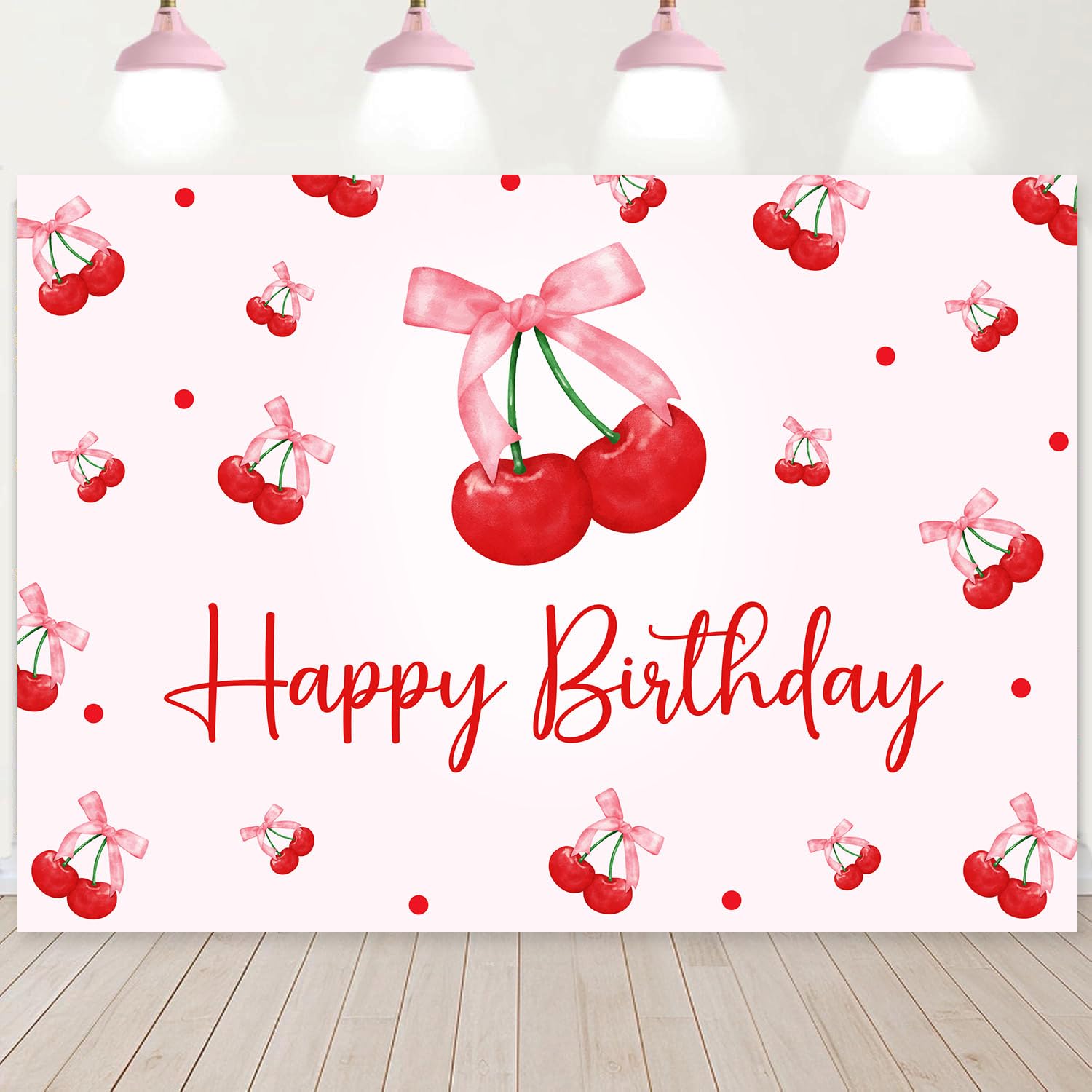 Ayayiya Cherry Birthday Backdrop, Pink Coquette Bow Birthday Banner Sweet Red Cherry with Bow Party Decorations Girls Sweet Cherries Bday Party