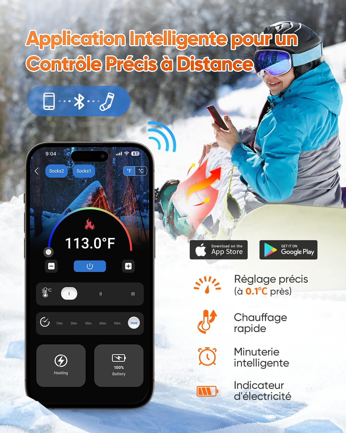 2025 Upgraded Chaussettes Chauffantes avec Contrôle APP, 5000mAh 5V Rechargeable Chaussette Chauffante, 3 Niveaux température & 360° Chauffage Chaussettes Chauffantes Homme Femme Lavables pour Chasse