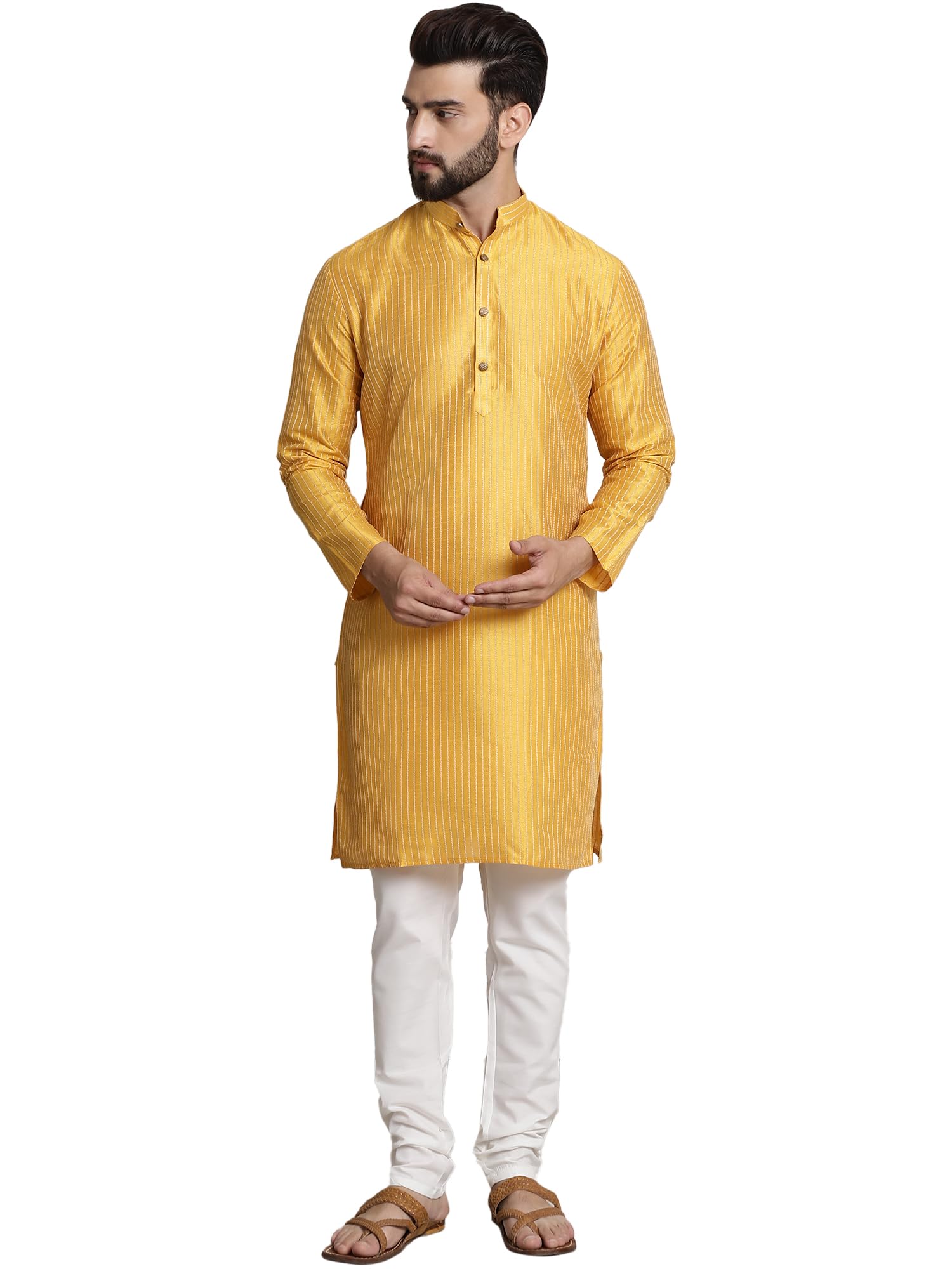 Sojanya (Since 1958 Men's Silk Blend Mustard Pintex Kurta And White Churidar Pyjama Set