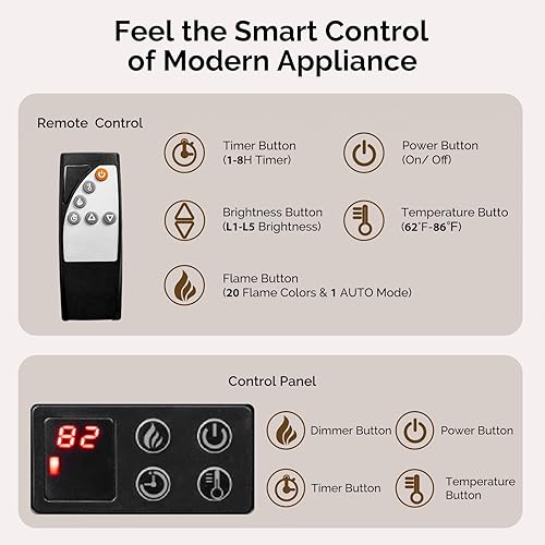 Miniatura 3 de Bonnlo Chimenea eléctrica de vidrio de 3 caras de 28 pulgadas de ancho con aplicación y control remoto, calentador de chimenea falso realista con 6