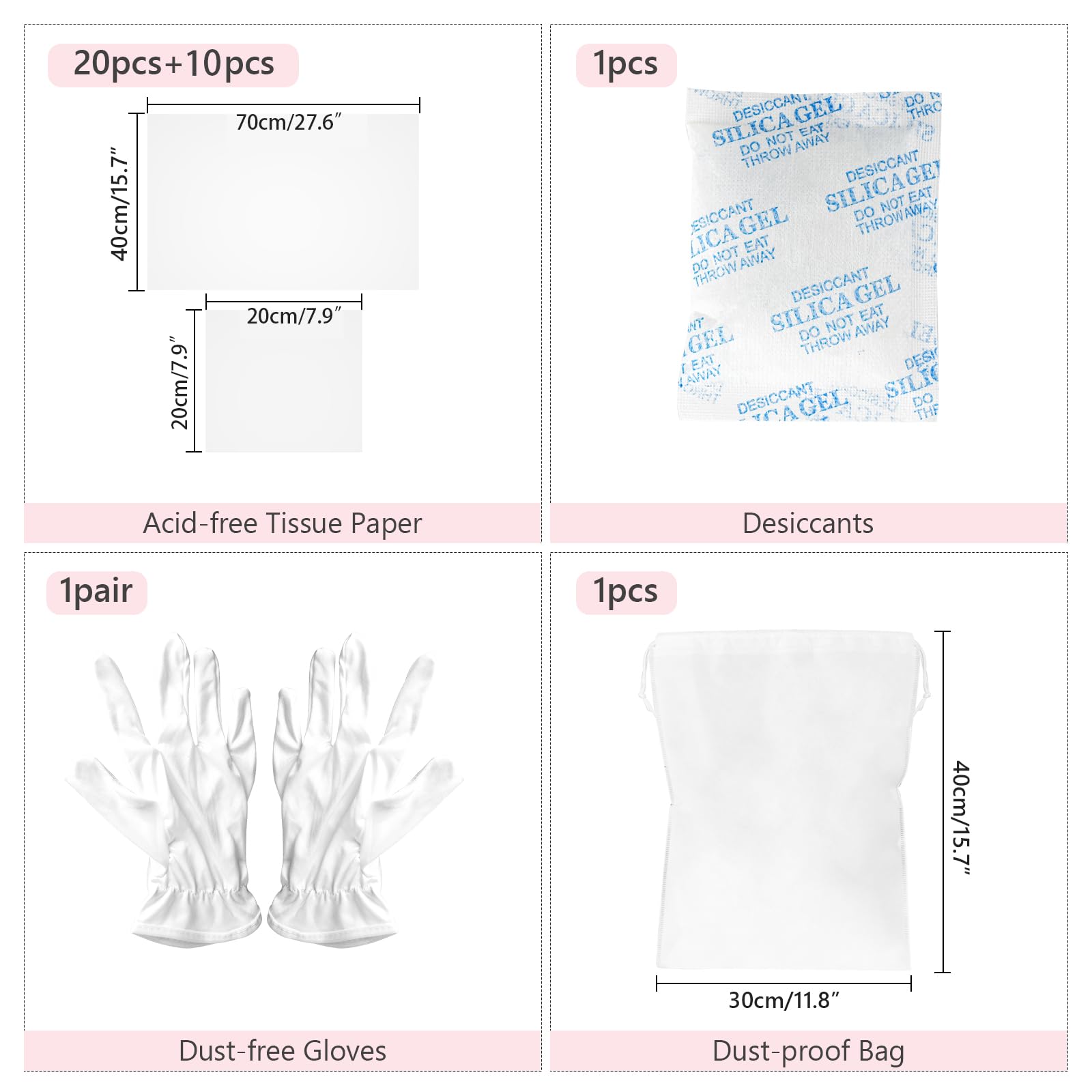 Großes Hochzeitskleid-Konservierungsbox-Set, Hochzeitskleid-Aufbewahrungsbox mit 30 Blatt säurefreiem Seidenpapier, Mikrofaser-Handschuhen, staubdichter Tasche und Trockenmitteln, Grau, 76,2
