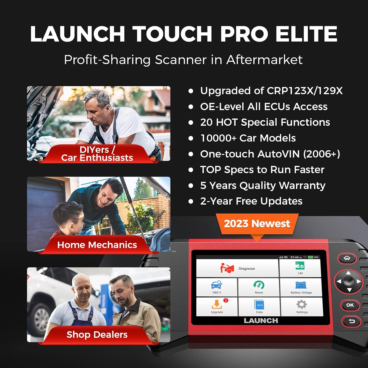 LAUNCH Scan Tool CRP Touch Pro Elite with 20 Hot Services, 2 Years Free Updates, Full System Diagnostic Scanner with Oil SAS EBP BMS Throttle ABS Bleeding Injector Coding, Upgraded of CRP123X/CRP129X