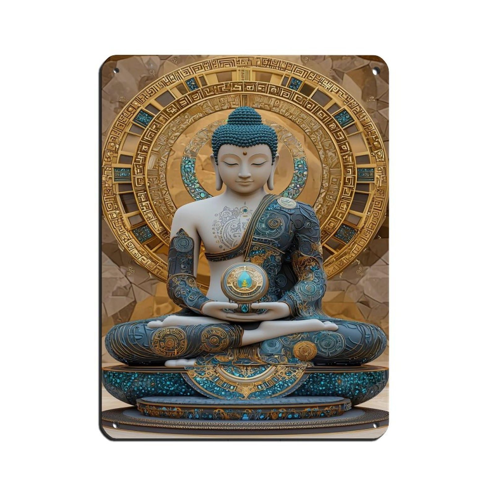 Intricate Buddha with Golden Sacred Symbols Tin Sign Vintage Metal Pub Club Cafe Bar Home Wall Art Decoration Poster Retro 12x16inch(30x40cm)