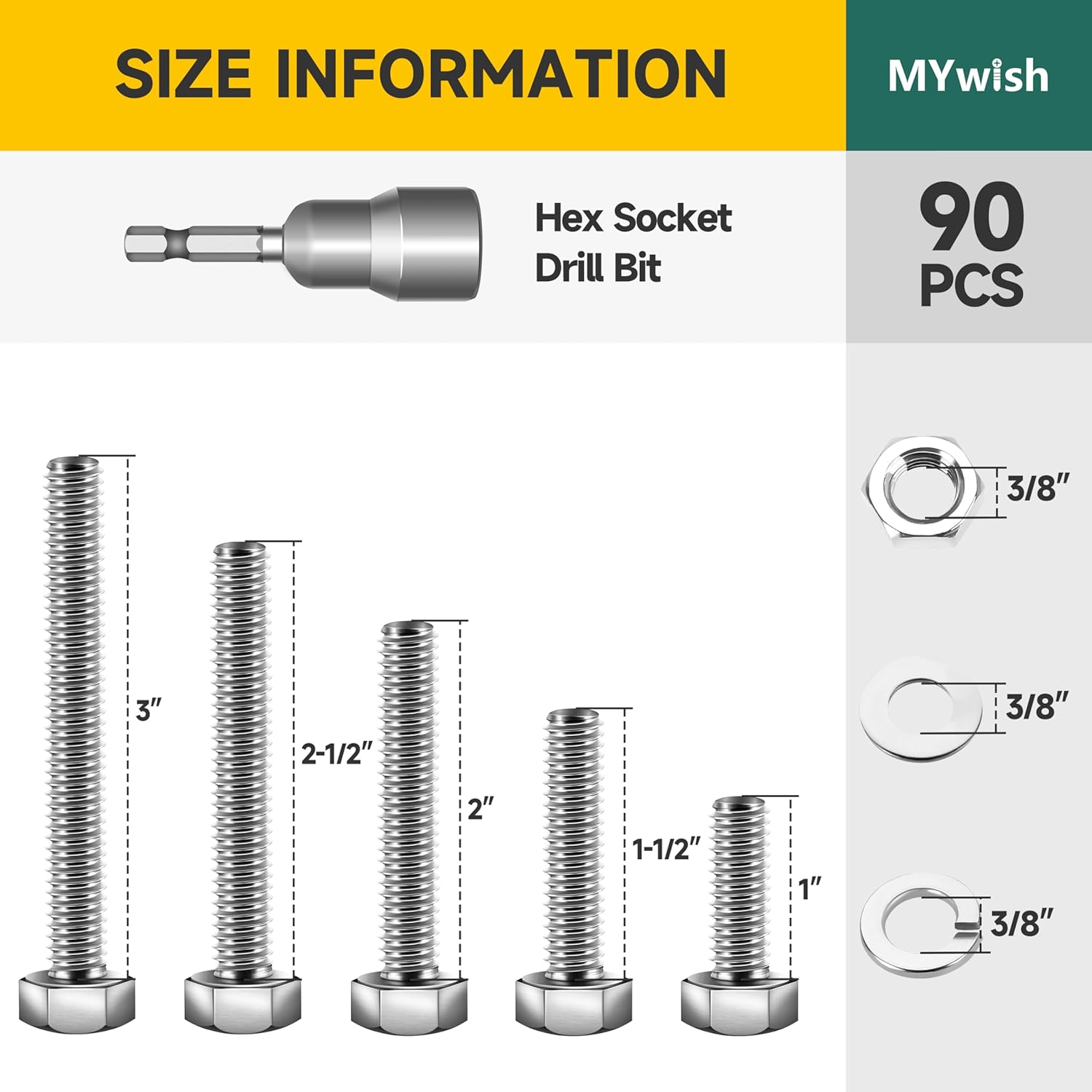 Mywish 90Pcs 3/8 Hex Head Nuts and Bolts Assortment Kit & 355PCS SAE Hex Head Nuts and Bolt Assortment Kit, 304 Stainless Steel Assorted Screws Nuts and Bolts with Drill Bits