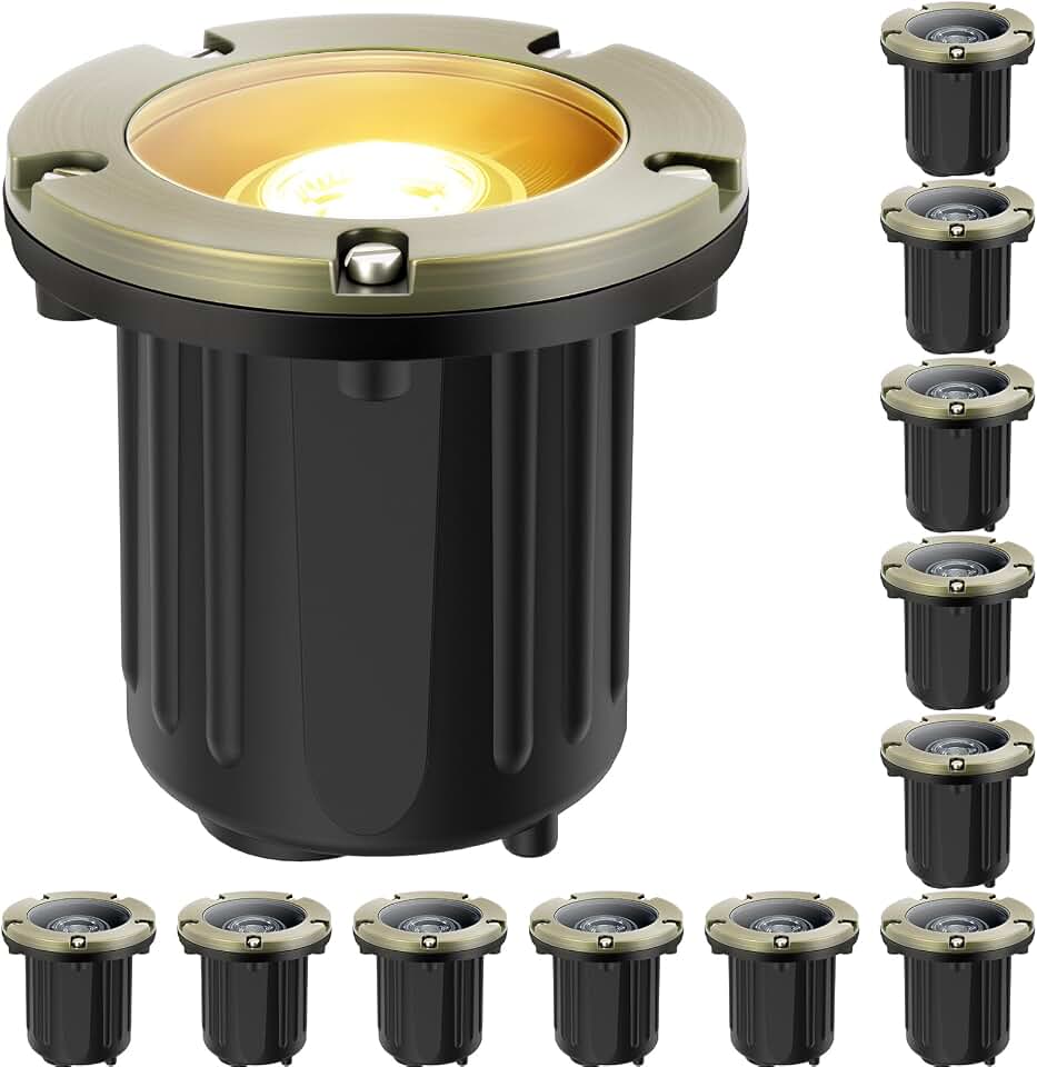 Gardencoin Brass Low Voltage Landscape Well Lights (5" Cover, 5.5" Tall), 12V LED Wired In-Ground Outdoor Up Lighting Fixture Waterproof, Adjustable Beam Direction Base, Without MR16 Bulb (12 Pack) Recycled Claim Standard Blended