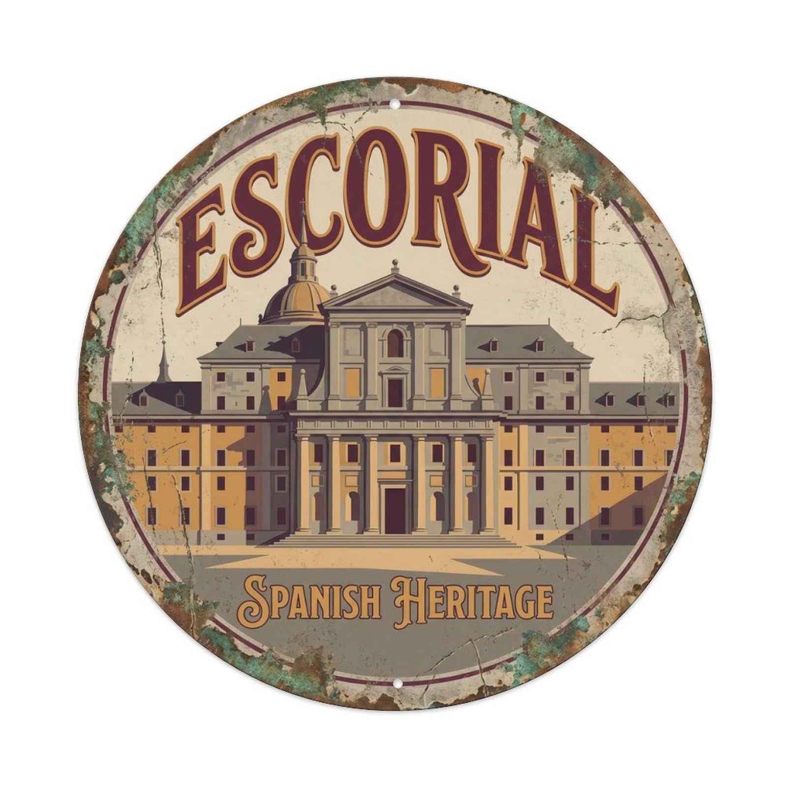 Vintage Travel Monastery Spain Escorial Metal Tin Sign Plaque Wall Decor for Cafe, Club Bar, Office, Home Garden Round Metal Poster 8x8Inch