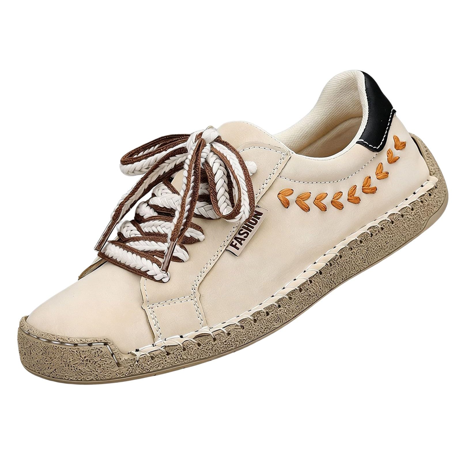 Low-Top-Sneaker für Damen und Herren, flache Stickerei, Schnürschuh, beige | Handgenähte, runde Zehenpartie, breite Passform, rutschfest, Unisex, Freizeit-Sneaker, Wanderschuhe, Urlaub, Büro