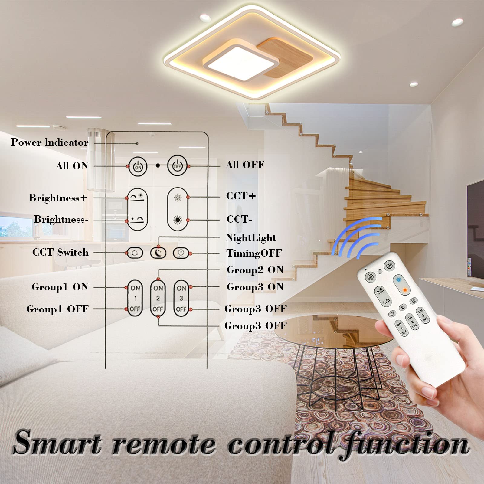 Quadrat LED Deckenleuchte, Deckenlampe mit Holz, Deckenlampen Dimmbar mit Fernbedienung,Moderne Holz Deckenlampe für Schlafzimmer Kinderzimmer Wohnzimmer Küche(51.5 * 51.5CM 50W)