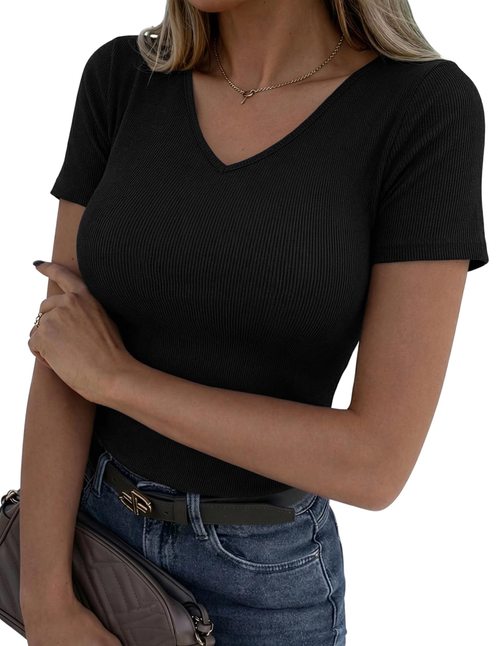 Totatuit Damen Tshirt V Ausschnitt Kurzarm Rippshirt Sommer Elegant Oberteile Slim Fit Shirt Stretch Basic Casual Top