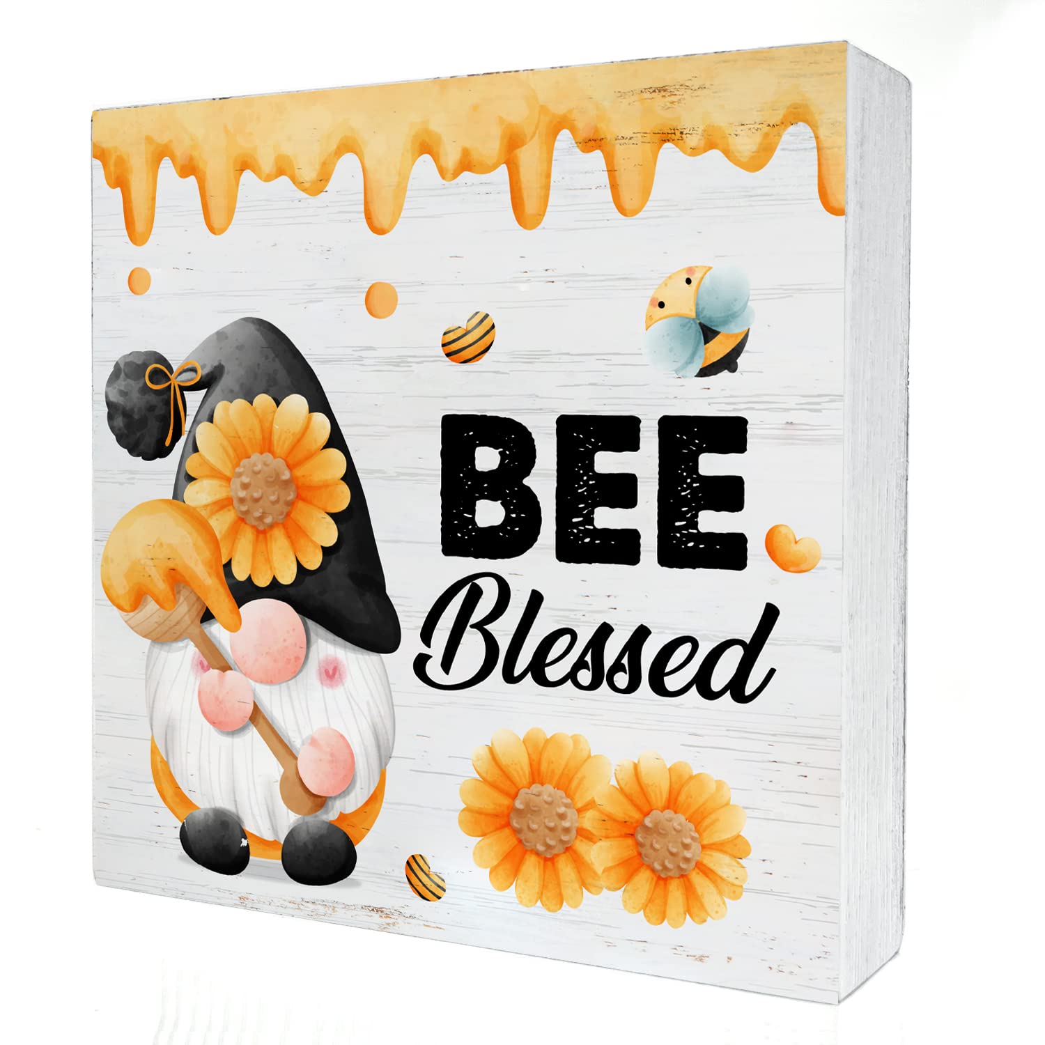 Bee Blessed Wood Box Sign DecorRustic Bee Gnome Summer Wooden Box Signs Tiered Tray Sign Desk Decoration Home Shelf Decor sign 7 x 7 Inches