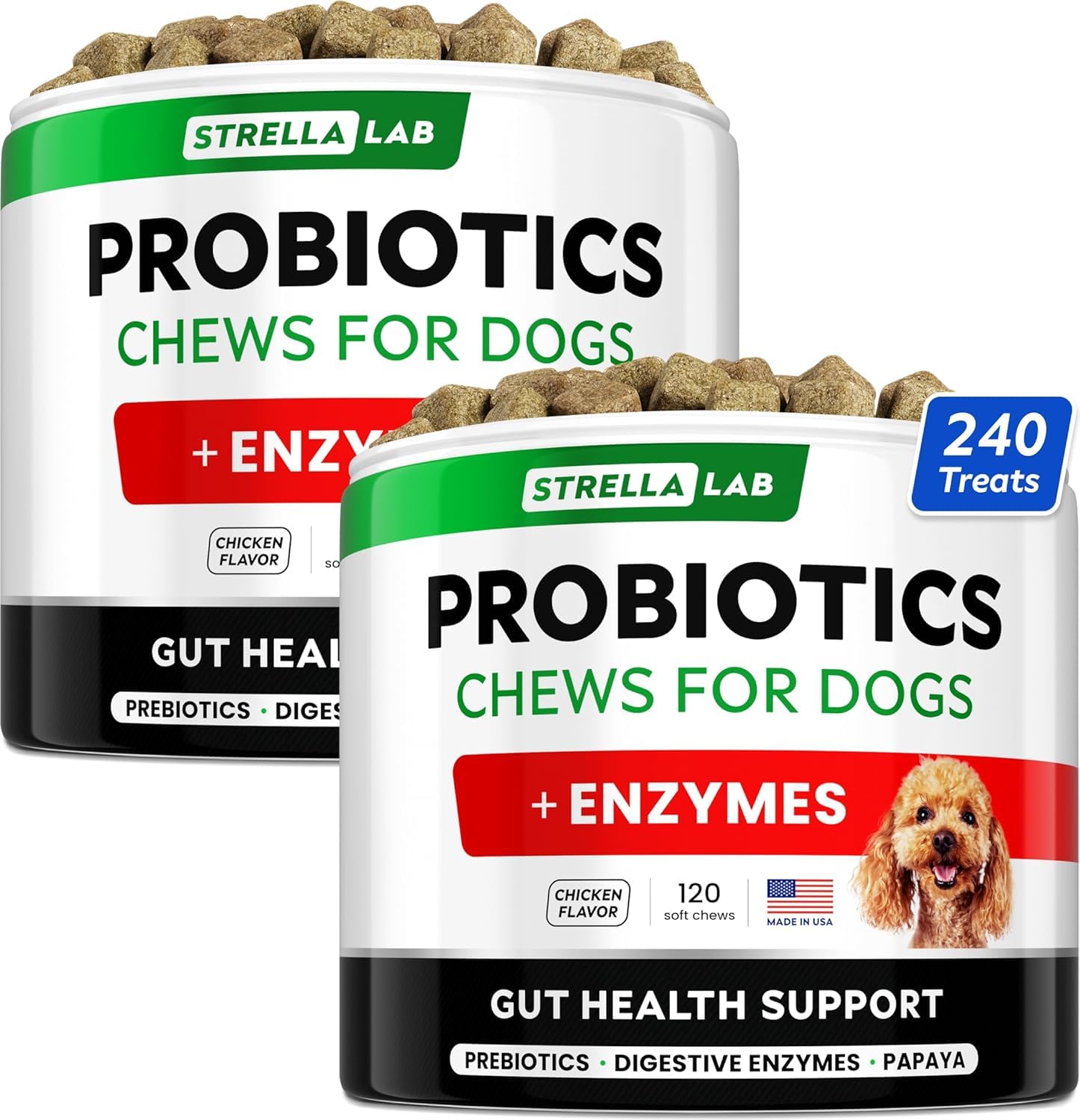 STRELLALAB Dog Probiotics Chews for Digestive Health & Gut Support with Yeast and Enzymes - Anti Gas, Diarrhea and Upset Stomach Immune Supplement - Digestion Treats with Fiber (240Ct, Chicken)