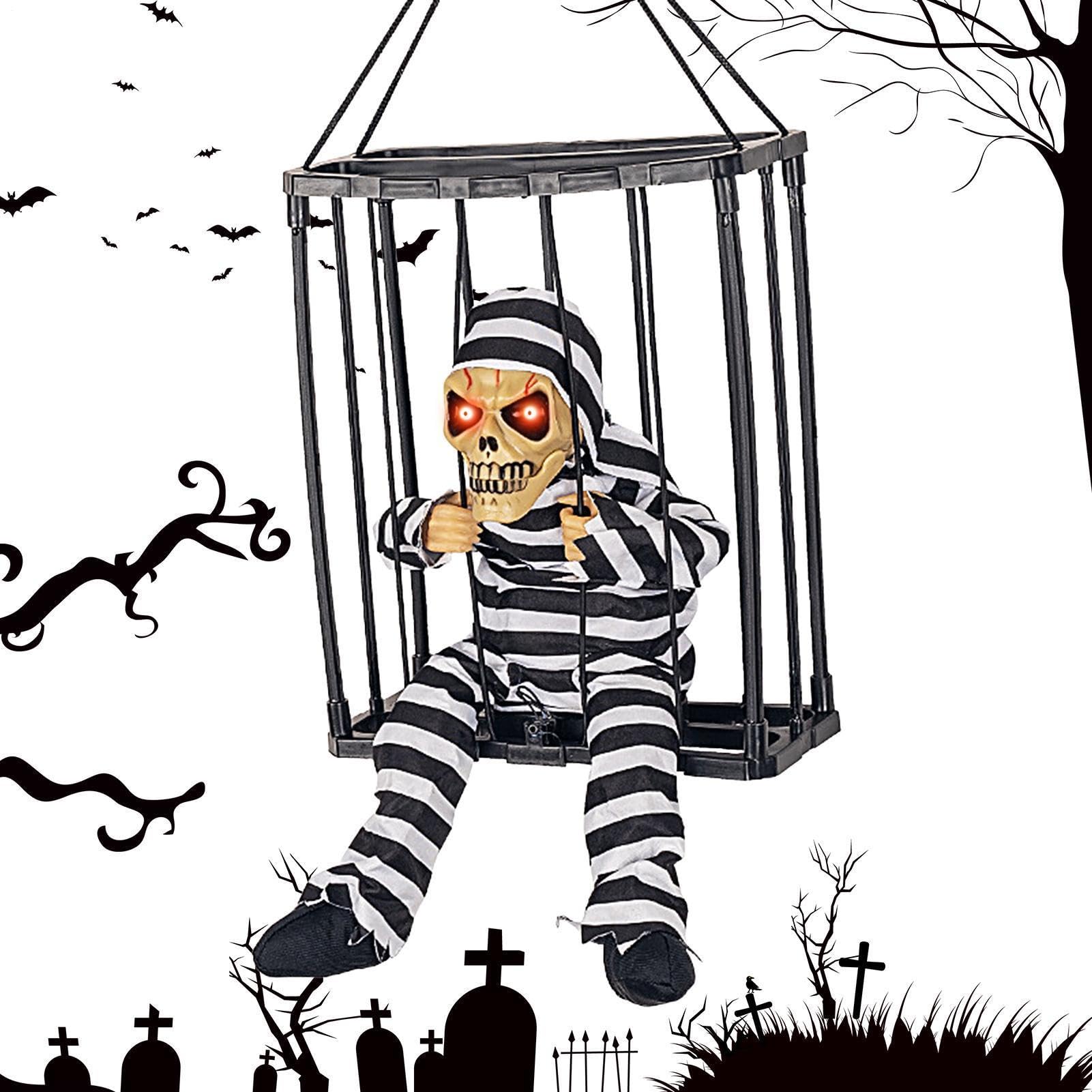 Jouet yeux brillants Halloween cage fantôme sonore suspendu