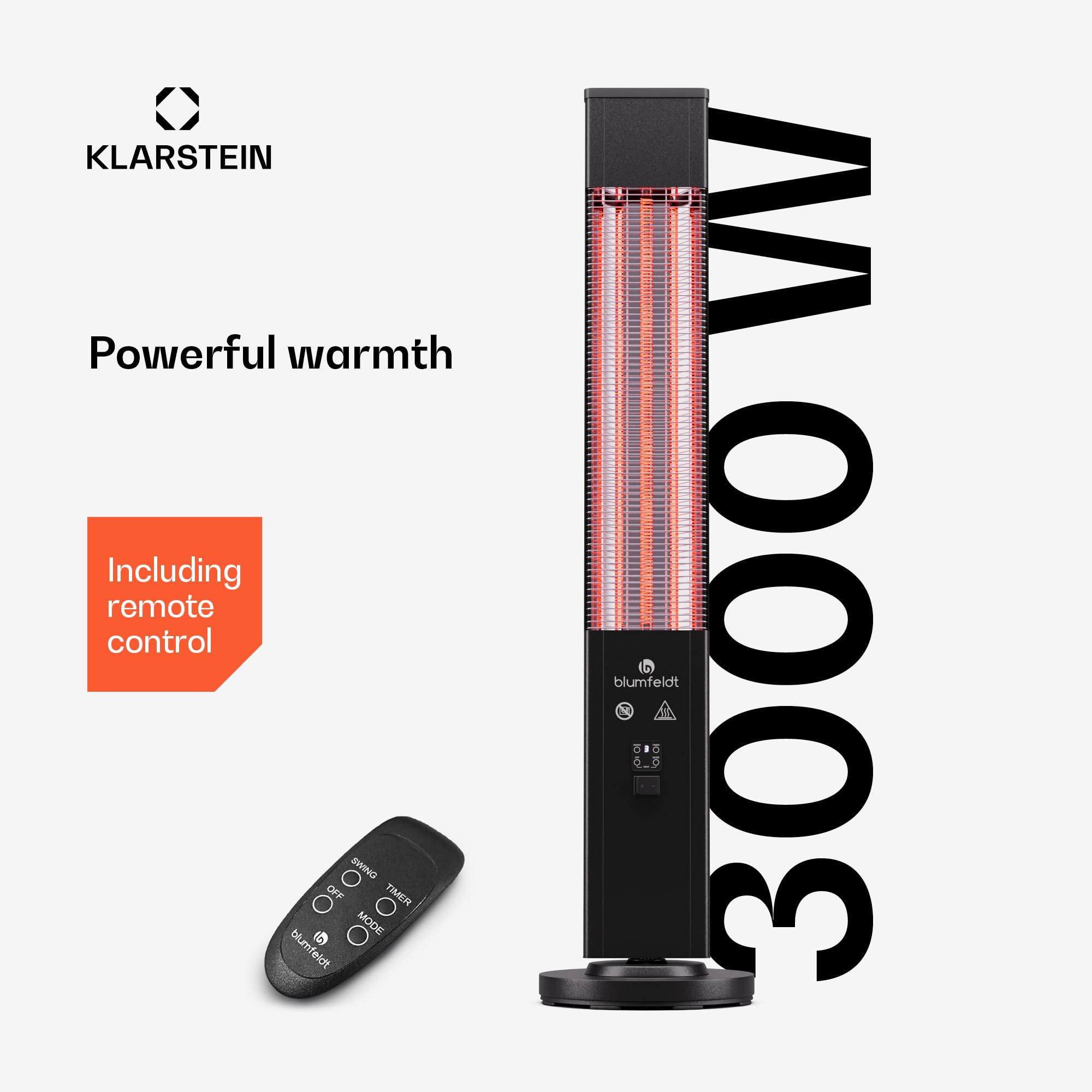blumfeldt Ogrzewanie na podczerwień wolnostojące, 3000W grzejnik elektryczny, Ogrzewanie Indoor/Outdoor, IR z zabezpieczeniem przed przewróceniem i pilotem, Wydajne IP65, tarasowe