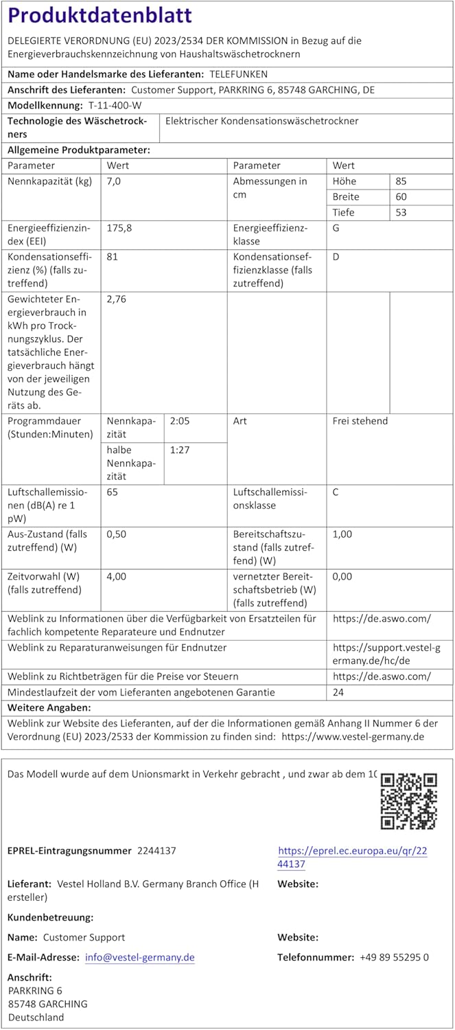 Official product data sheet for Telefunken T-11-400-W Condenser Dryer, showing technical parameters and energy efficiency information.