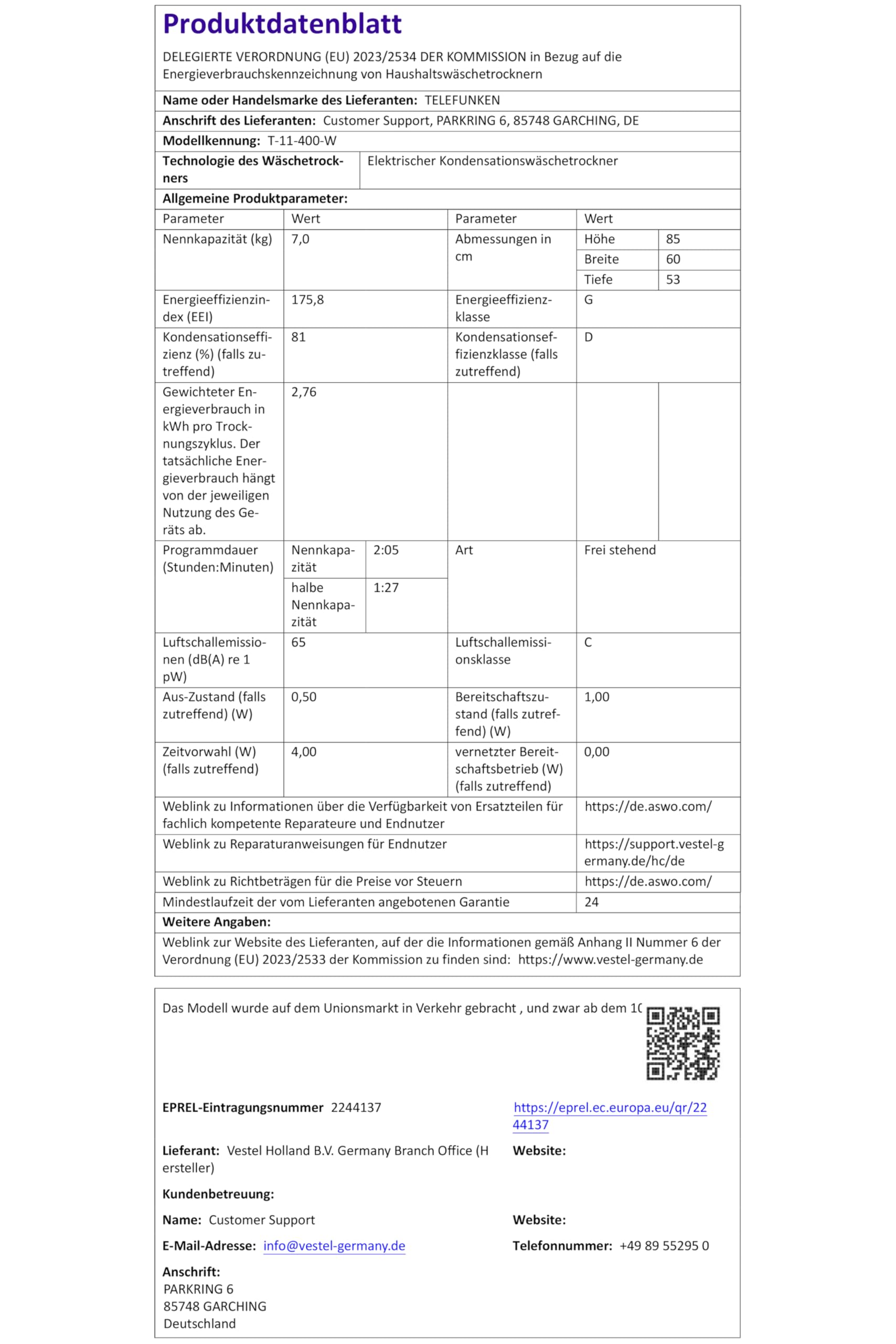 Telefunken Kondenstrockner / 7kg Trockner mit 15 Programmen, Startzeitvorwahl, Knitterschutz & reversierenden Trommelbewegungen, weiß, T-11-400-W