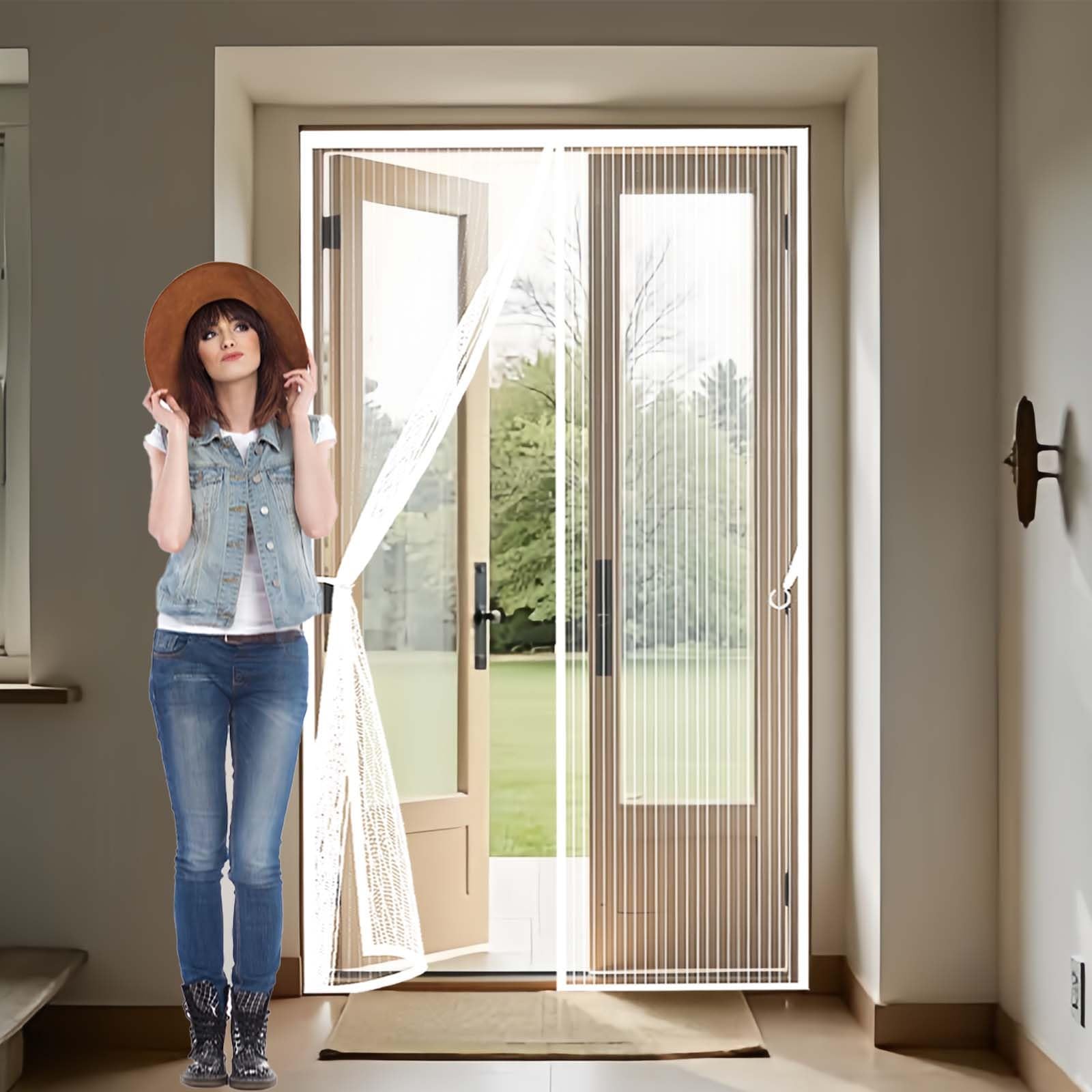 Feijdon White Magnetic Screen Door 133X222cm(Widthxhigh) Powerful Magnets And Full Frame Magic Tape, No Drill Installation Heavy Duty Self-Sealing Fly Mesh Lets Fresh Air In, Hundreds Of Sizes,