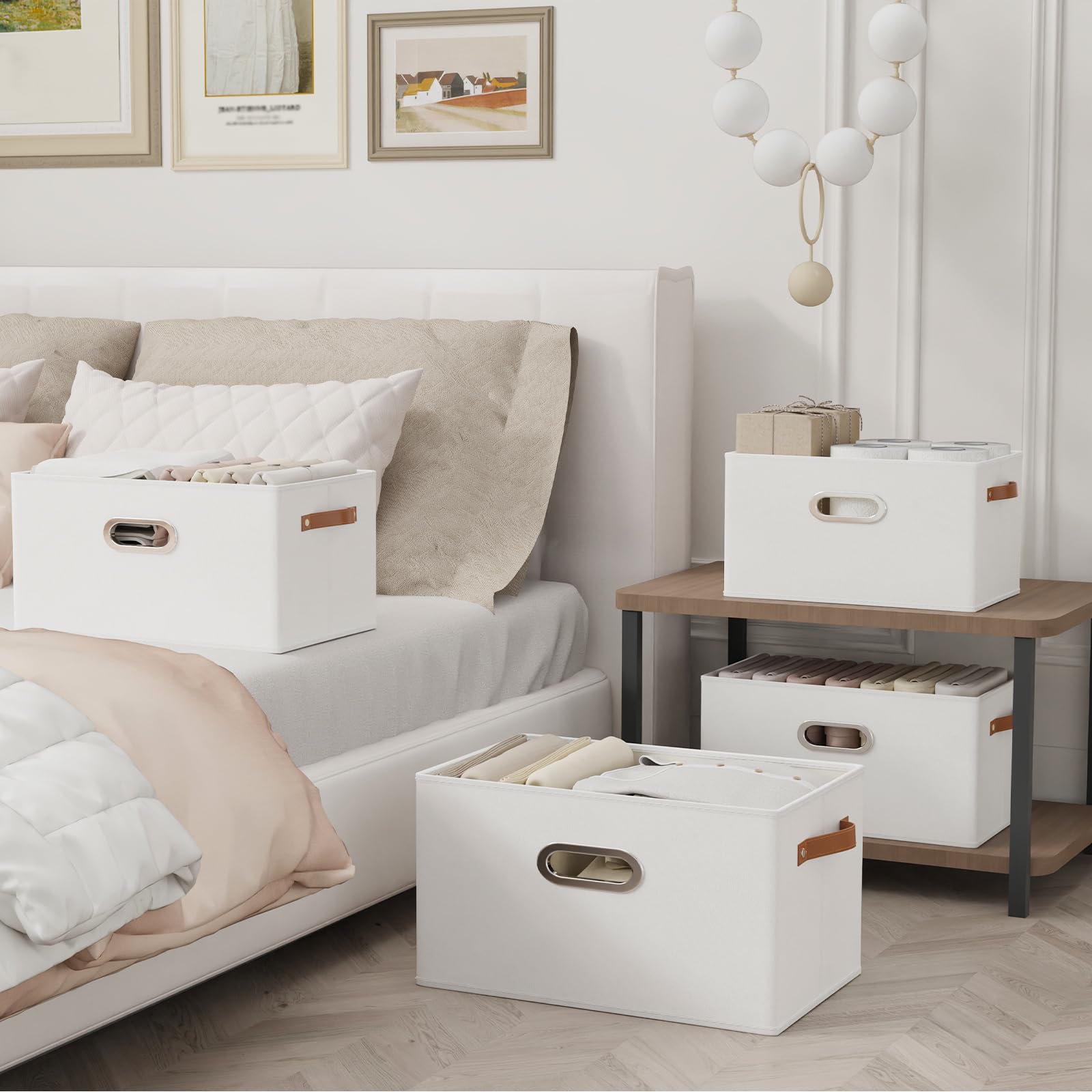 Yawinhe 3 Pcs Cajas de Almacenaje, Cubos de Almacenamiento de Tela, Organizador Armario, para Ropa, 43x30x26cm, Blanco