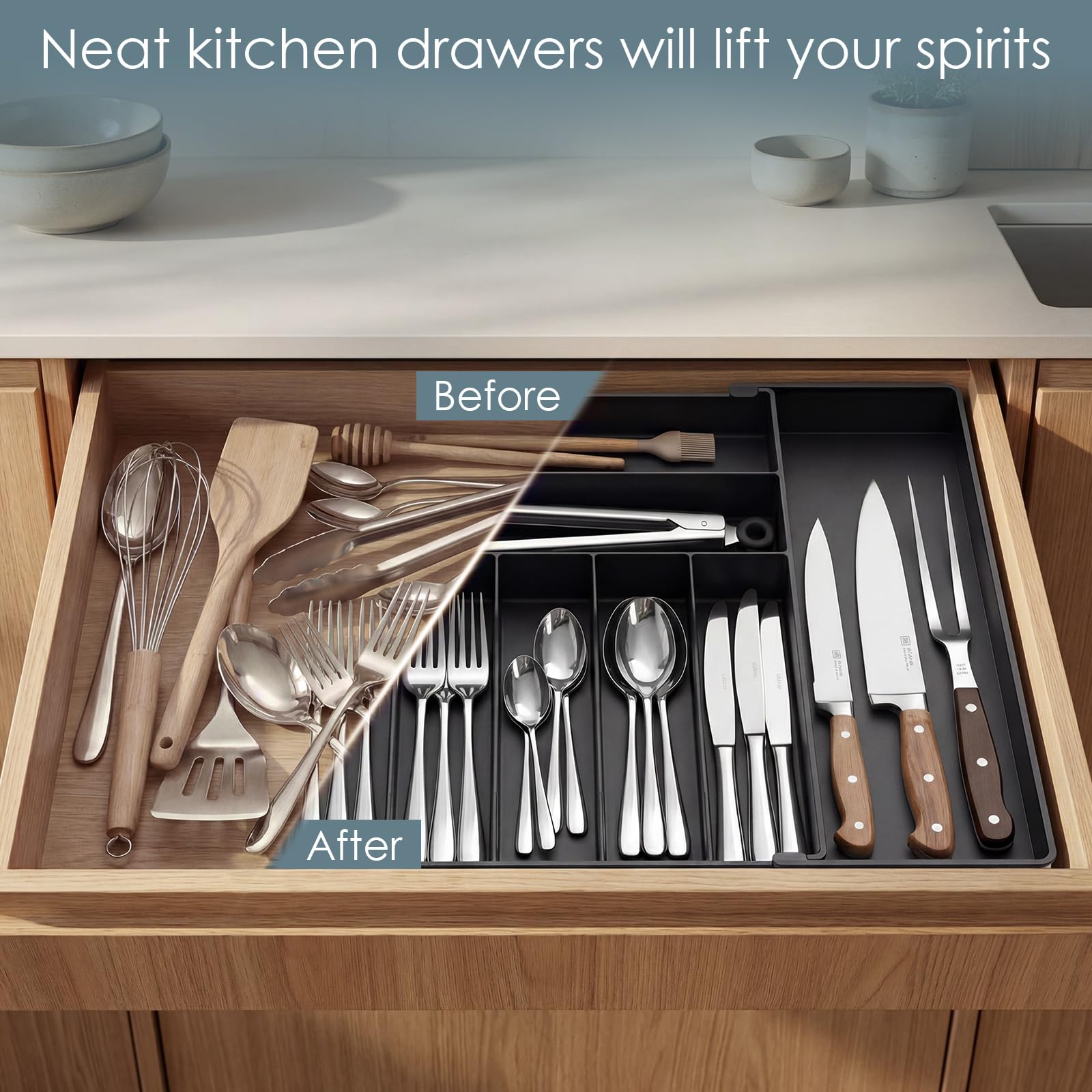 Organizzatore di argento extra grande, Organizzatore di cassetto da cucina espandibile a 9 slot, Portautensili nero