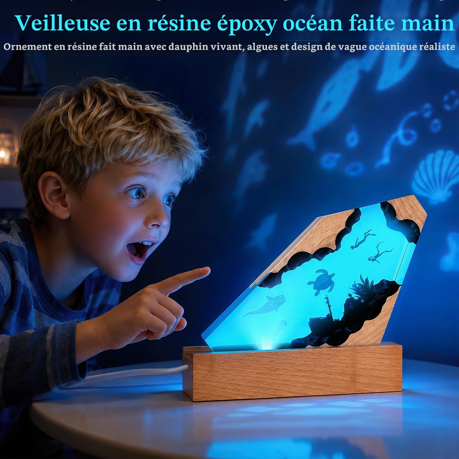 Lampe Océan Résine Époxy 3D, Veilleuse RGB 7 Couleurs Dimmable Socle Bois