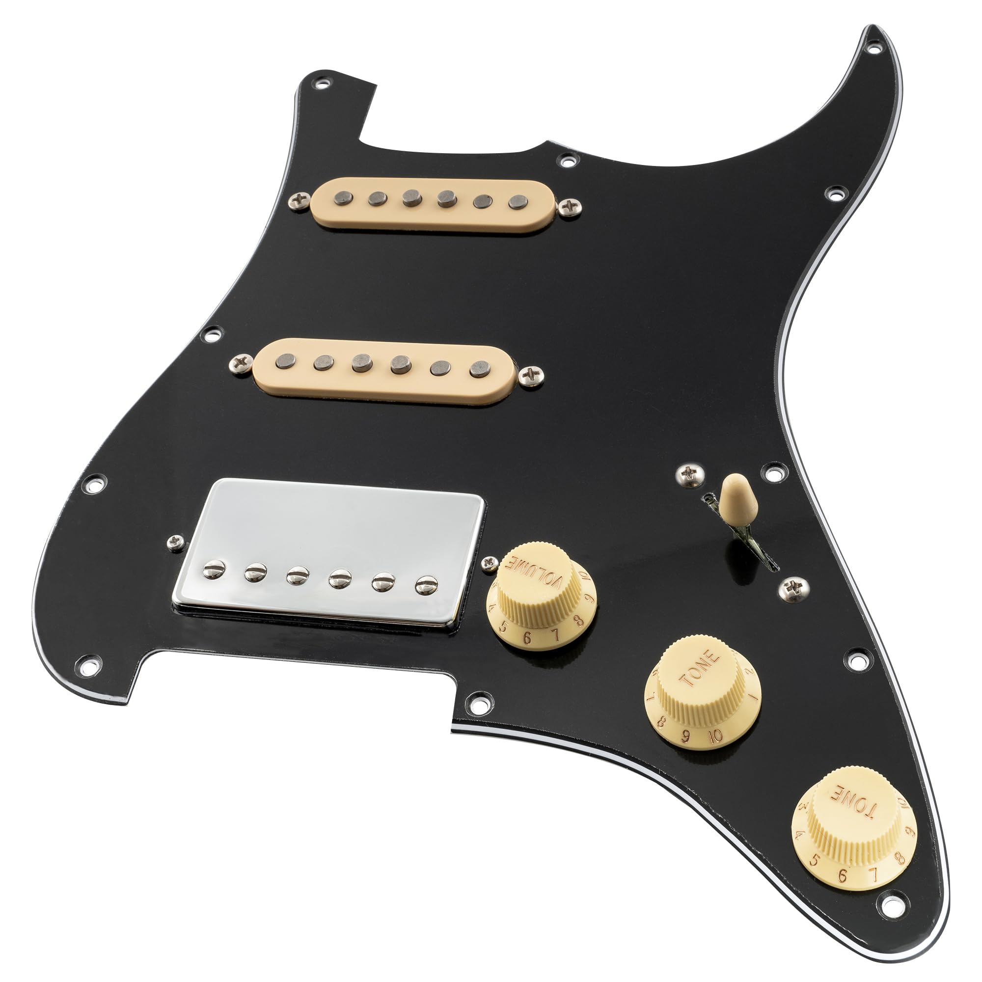 Musiclily Pro HSS Pre-Wired Loaded Pickguard Golpeador Pre-cableado con Artec Pastillas Alnico 5 para Guitarra Eléctrica tipo Strat, 3 capas Negro