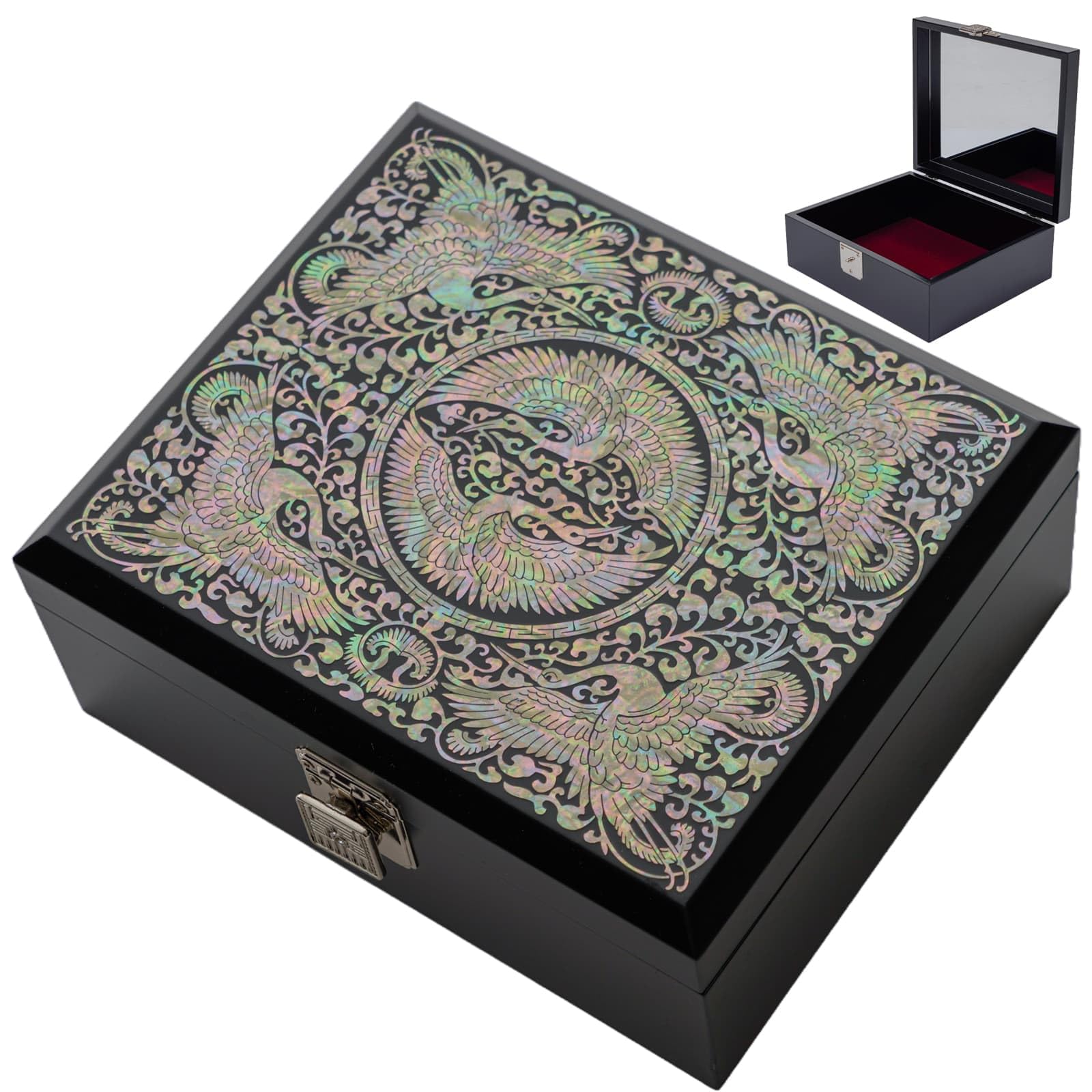 February Mountain Korean Mother of Pearl Crane Jewelry Box – Elegant Gift for Women & Men – Handmade Lacquer Keepsake Box with Mirror – Birthday, Anniversary, Christmas, Retirement Present