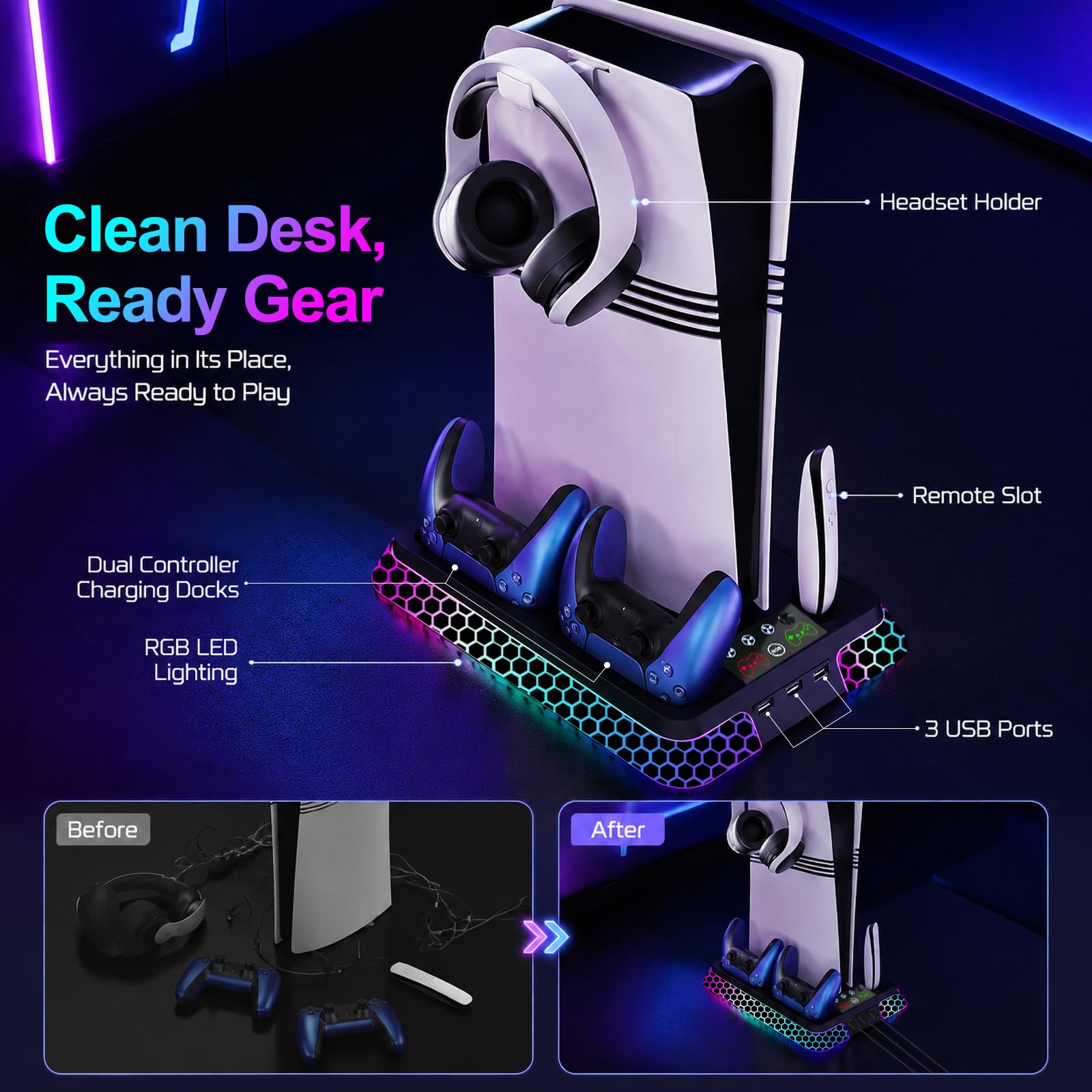 Soporte para PS5 con estética hexagonal RGB, estación de refrigeración PS5 para consola digital PlayStation 5 Slim Pro Disc con ventilador de refrigeración, controlador dual, cargador rápido USB