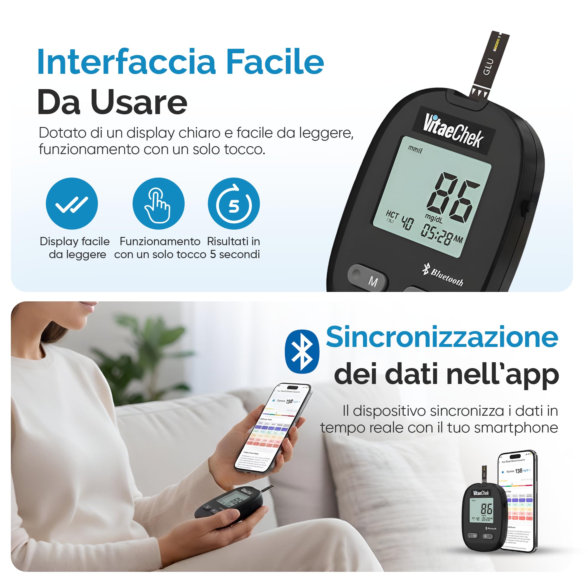 G1 Pro Glucometro Bluetooth + 50 Strisce Reattive Aggiuntive – Misuratore di Glicemia con Strisce GDH-FAD, Risultati Rapidi e Precisi, Ideale per Controllo Glicemico Quotidiano (mg/dL)