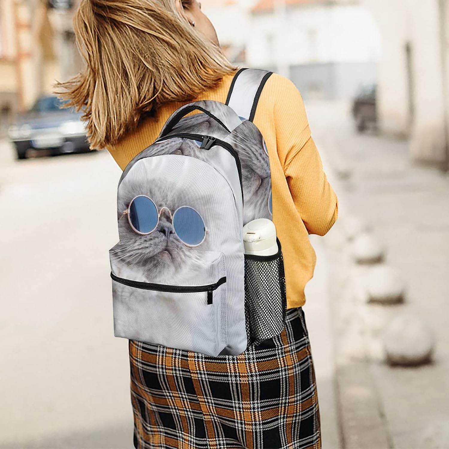 Teens Casual Daypack Kids School Backpack Printed Daily Bag for Travel Hiking Cat Sunglasses